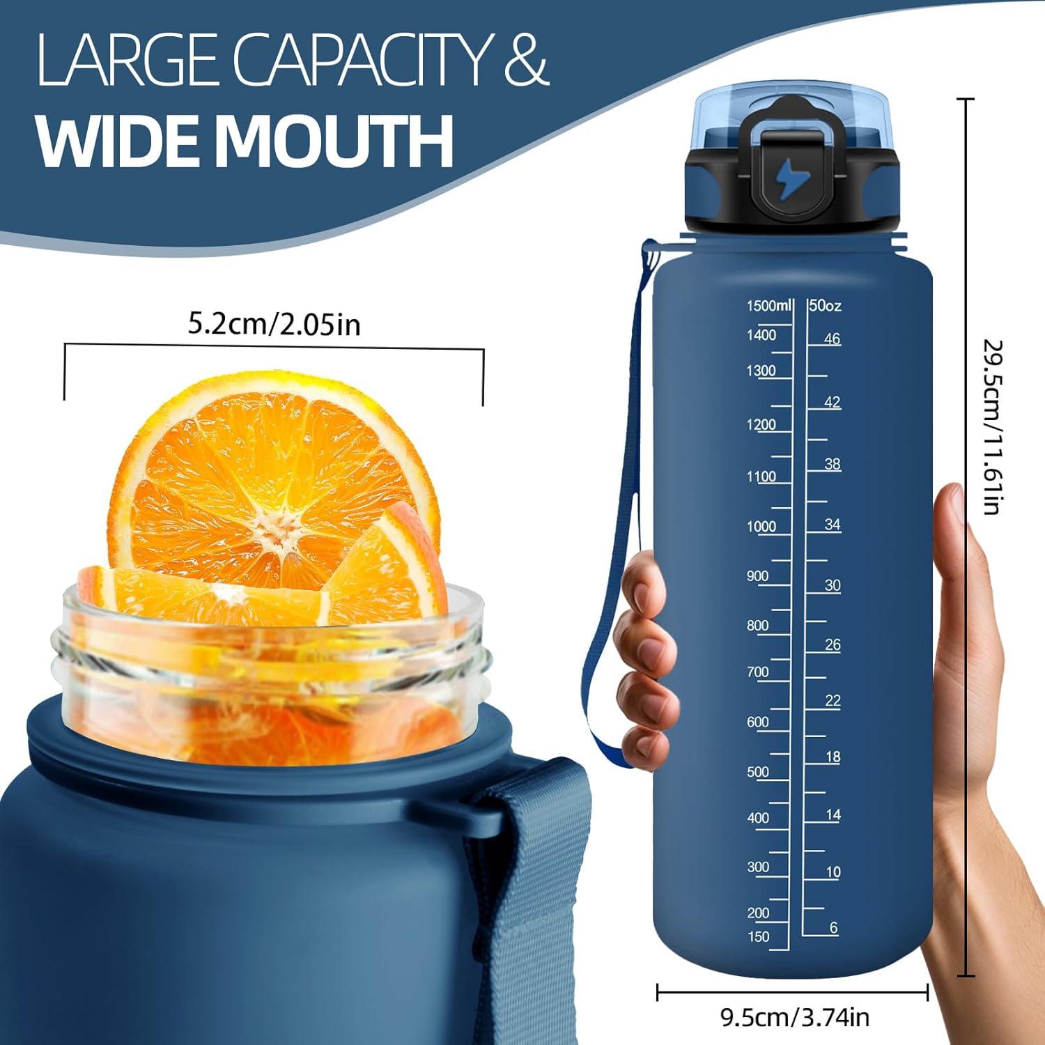 image:imageHoneyHolly Gourde 15L Bouteille Gourde Sport avec Paille Gourde Motivation avec Marqueur de Temps Bouteille deau tanche Bouteille deau pour Randonne Camping Fitness CyclismeBleu Marine 1500ml