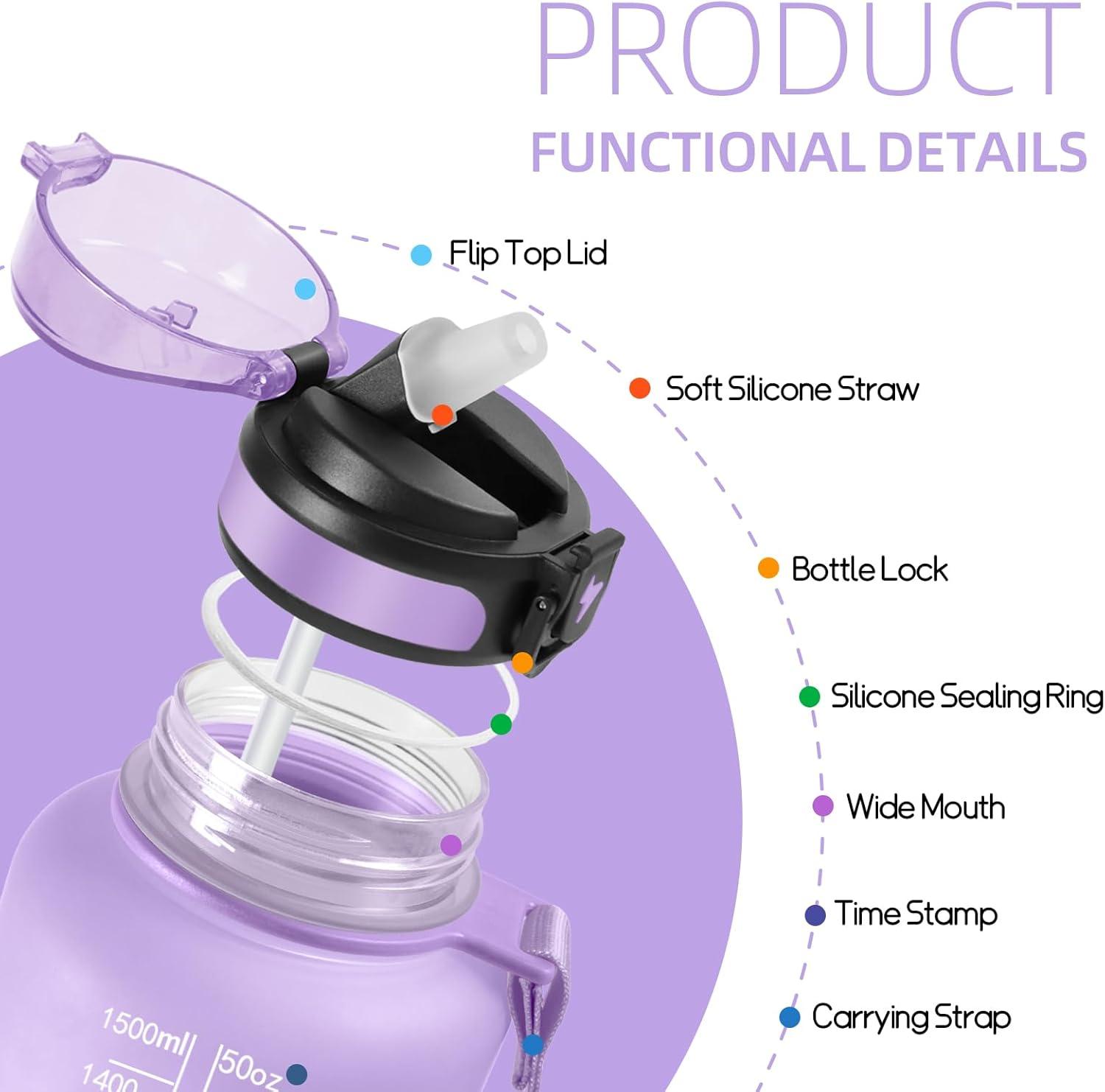 image:imageHoneyHolly Gourde 15L Bouteille Gourde Sport avec Paille Gourde Motivation avec Marqueur de Temps Bouteille deau tanche Bouteille deau pour Randonne Camping Fitness CyclismeViolet 1500ml
