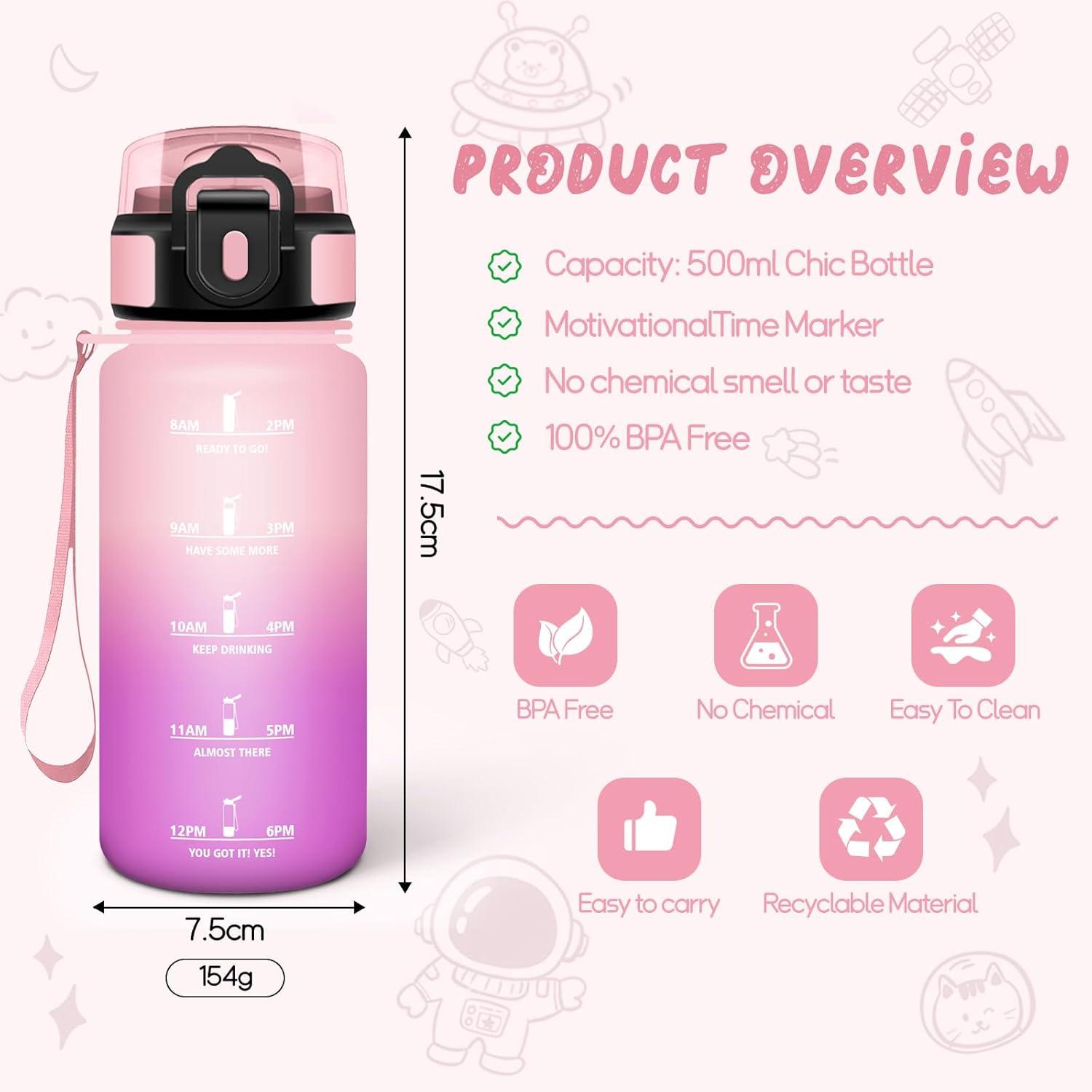 image:imageHoneyHolly Gourde Paille Gourde 500ml sans BPA ampamp tanches Bouteille Motivation Bouteille deau Avec Marqueur de Temps Petite Water Bollte pour Gym Ecole Cyclisme Plein Air SportRoserose 500 Ml