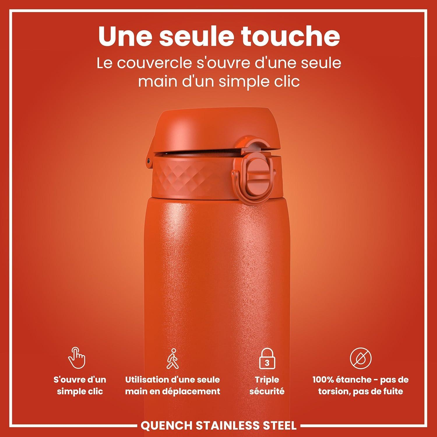 image:imageION8 Gourde Inox Lger 1 Litre Non Isol AntiFuite Facile Ouvrir Verrouillage Scuris Lavable au LaveVaisselle Poigne de Transport Acier Inoxydable 1200ml Bleu Marine CendrOrange