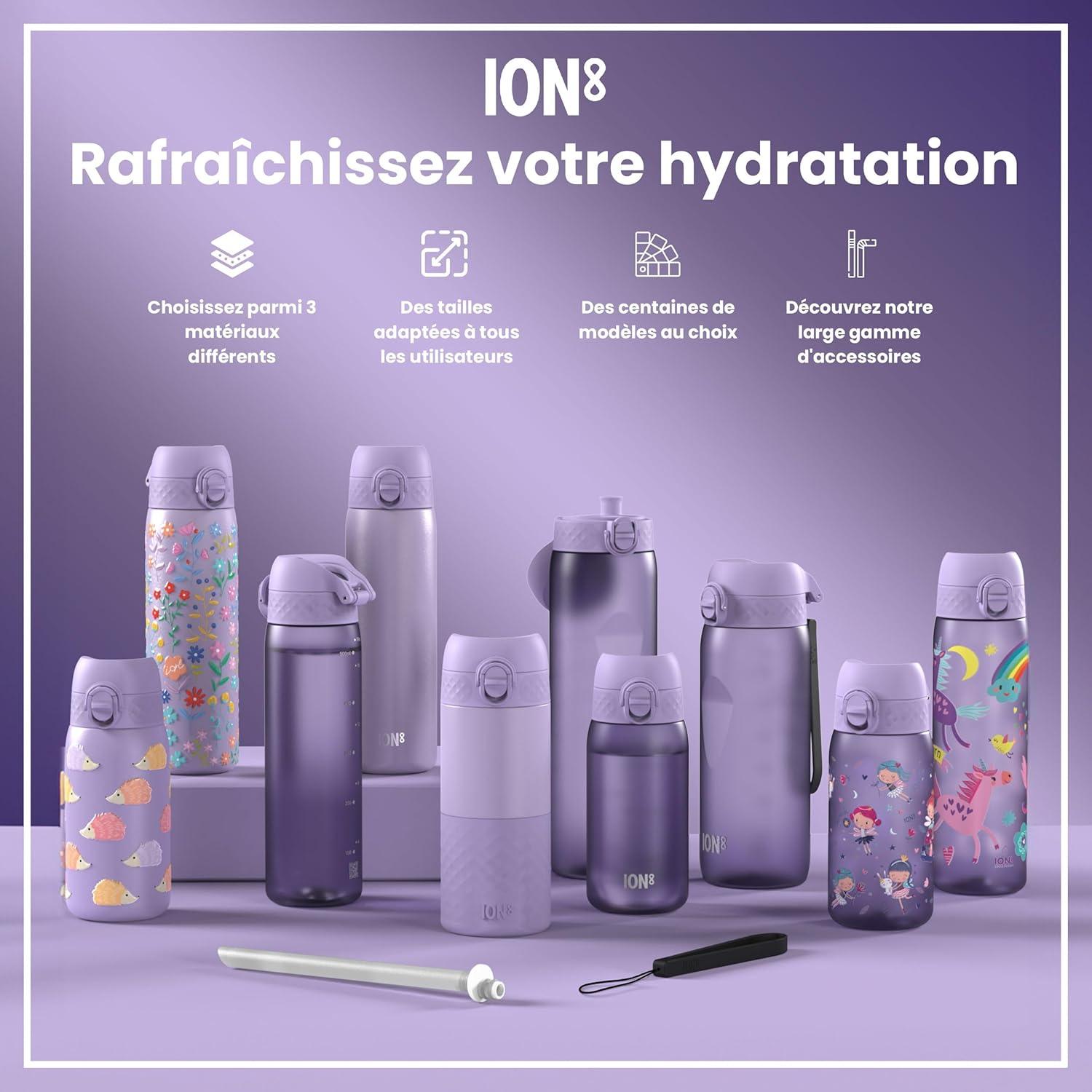 image:imageION8 Gourde Inox Lger 1 Litre Non Isol AntiFuite Facile Ouvrir Verrouillage Scuris Lavable au LaveVaisselle Poigne de Transport Acier Inoxydable 1200ml Bleu Marine CendrViolet Clair