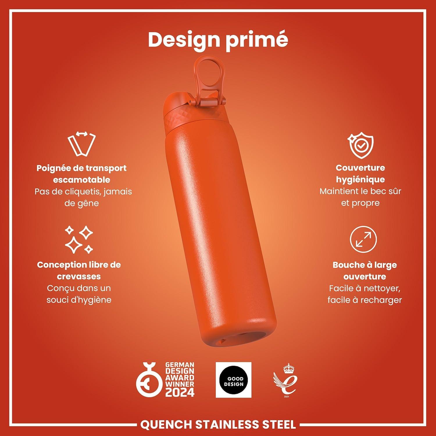 image:imageION8 Gourde Inox Lger 1 Litre Non Isol AntiFuite Facile Ouvrir Verrouillage Scuris Lavable au LaveVaisselle Poigne de Transport Acier Inoxydable 1200ml Bleu Marine CendrOrange