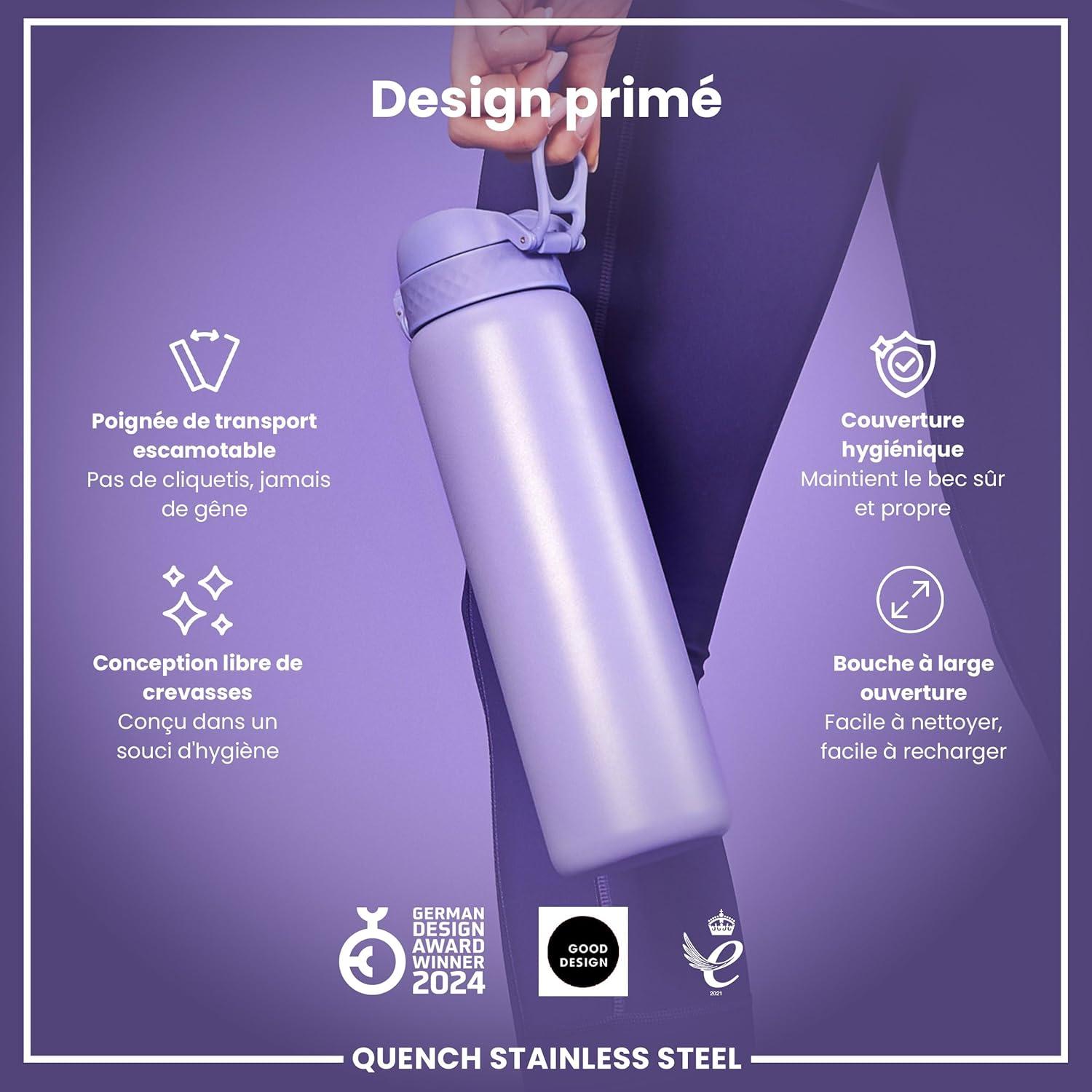 image:imageION8 Gourde Inox Lger 1 Litre Non Isol AntiFuite Facile Ouvrir Verrouillage Scuris Lavable au LaveVaisselle Poigne de Transport Acier Inoxydable 1200ml Bleu Marine CendrViolet Clair