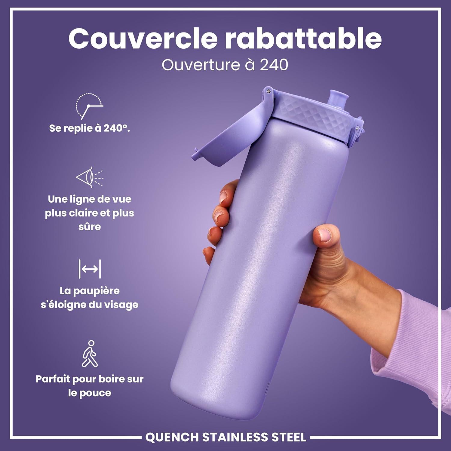 image:imageION8 Gourde Inox Lger 1 Litre Non Isol AntiFuite Facile Ouvrir Verrouillage Scuris Lavable au LaveVaisselle Poigne de Transport Acier Inoxydable 1200ml Bleu Marine CendrViolet Clair