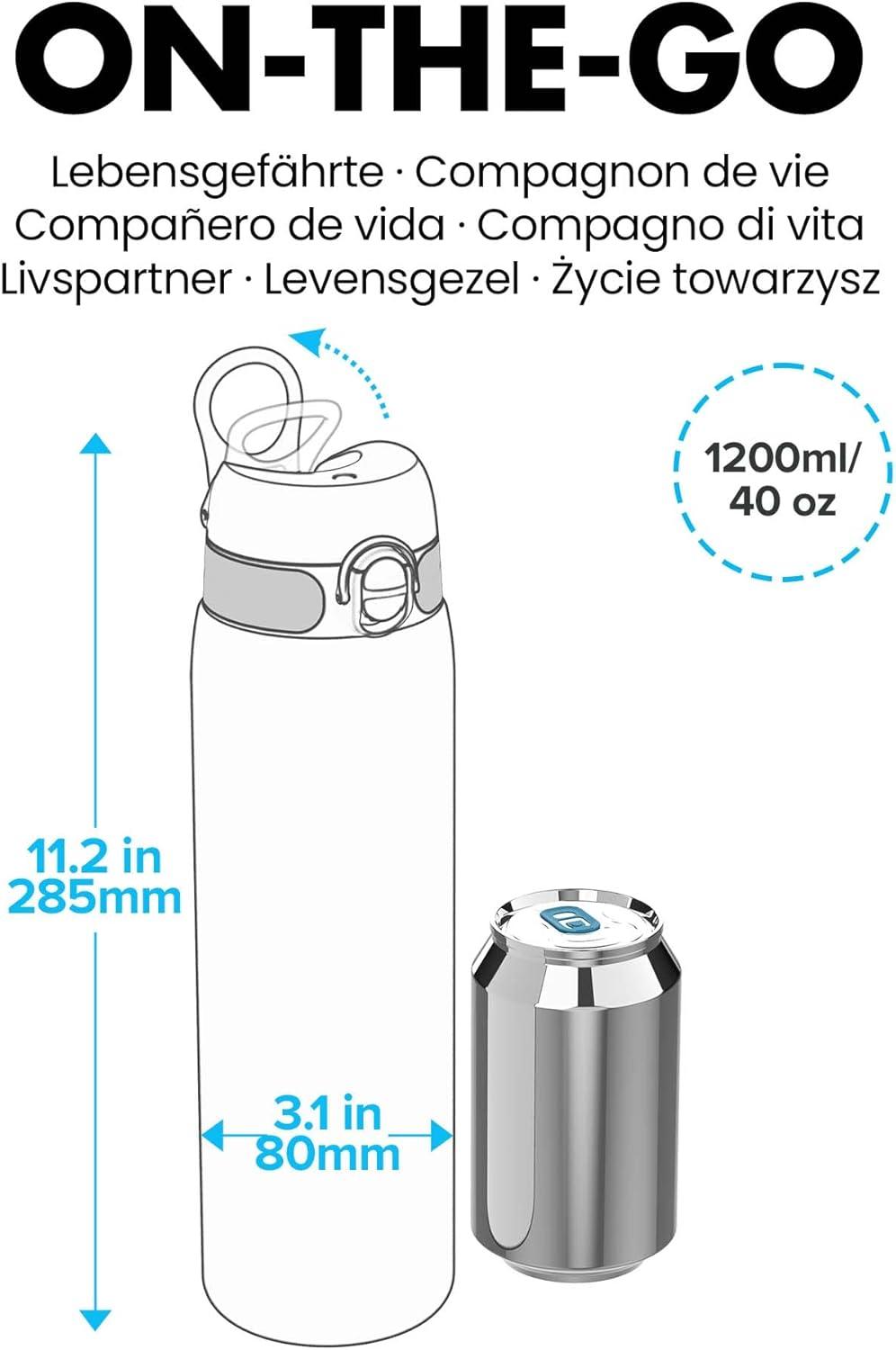 image:imageION8 Gourde Inox Lger 1 Litre Non Isol AntiFuite Facile Ouvrir Verrouillage Scuris Lavable au LaveVaisselle Poigne de Transport Acier Inoxydable 1200ml Bleu Marine CendrNoir
