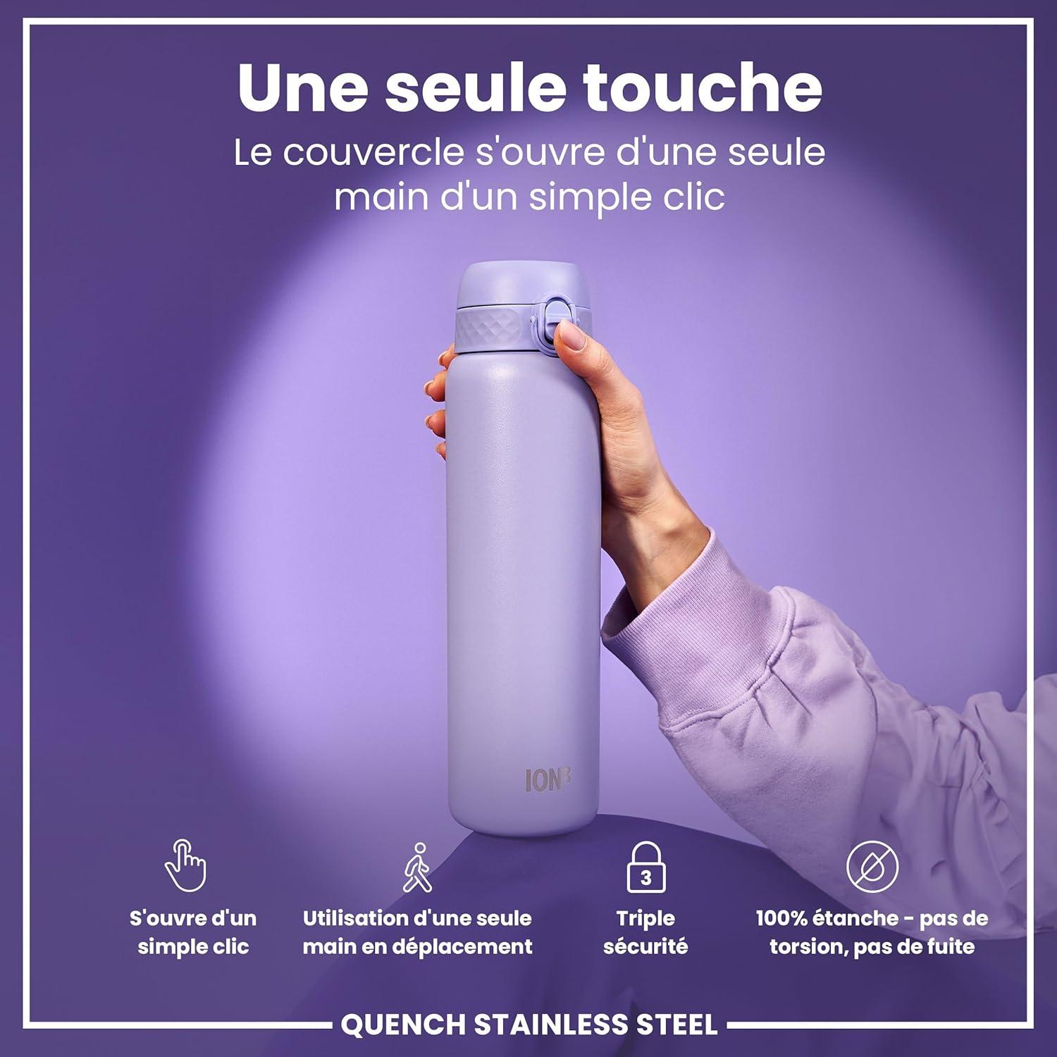 image:imageION8 Gourde Inox Lger 1 Litre Non Isol AntiFuite Facile Ouvrir Verrouillage Scuris Lavable au LaveVaisselle Poigne de Transport Acier Inoxydable 1200ml Bleu Marine CendrViolet Clair