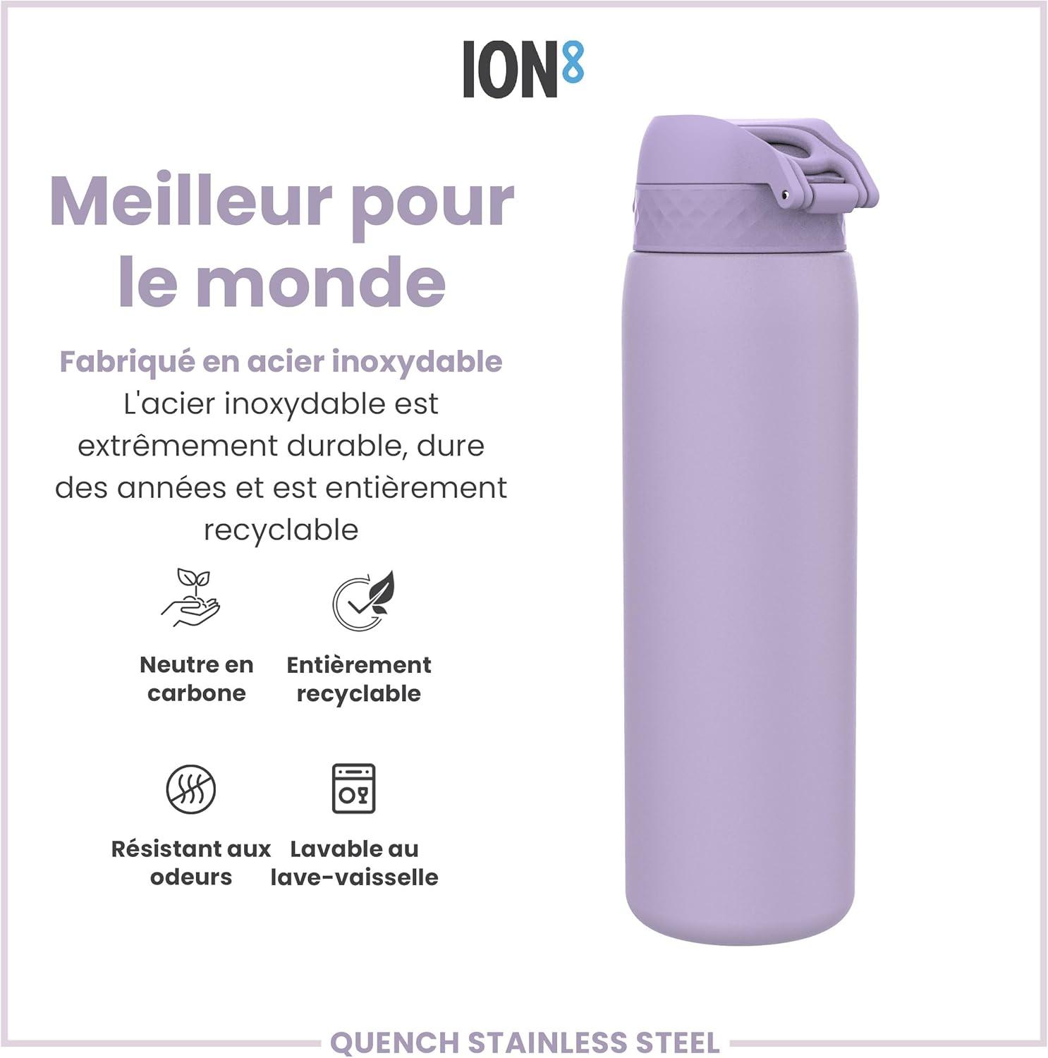 image:imageION8 Gourde Inox Lger 1 Litre Non Isol AntiFuite Facile Ouvrir Verrouillage Scuris Lavable au LaveVaisselle Poigne de Transport Acier Inoxydable 1200ml Bleu Marine CendrViolet Clair