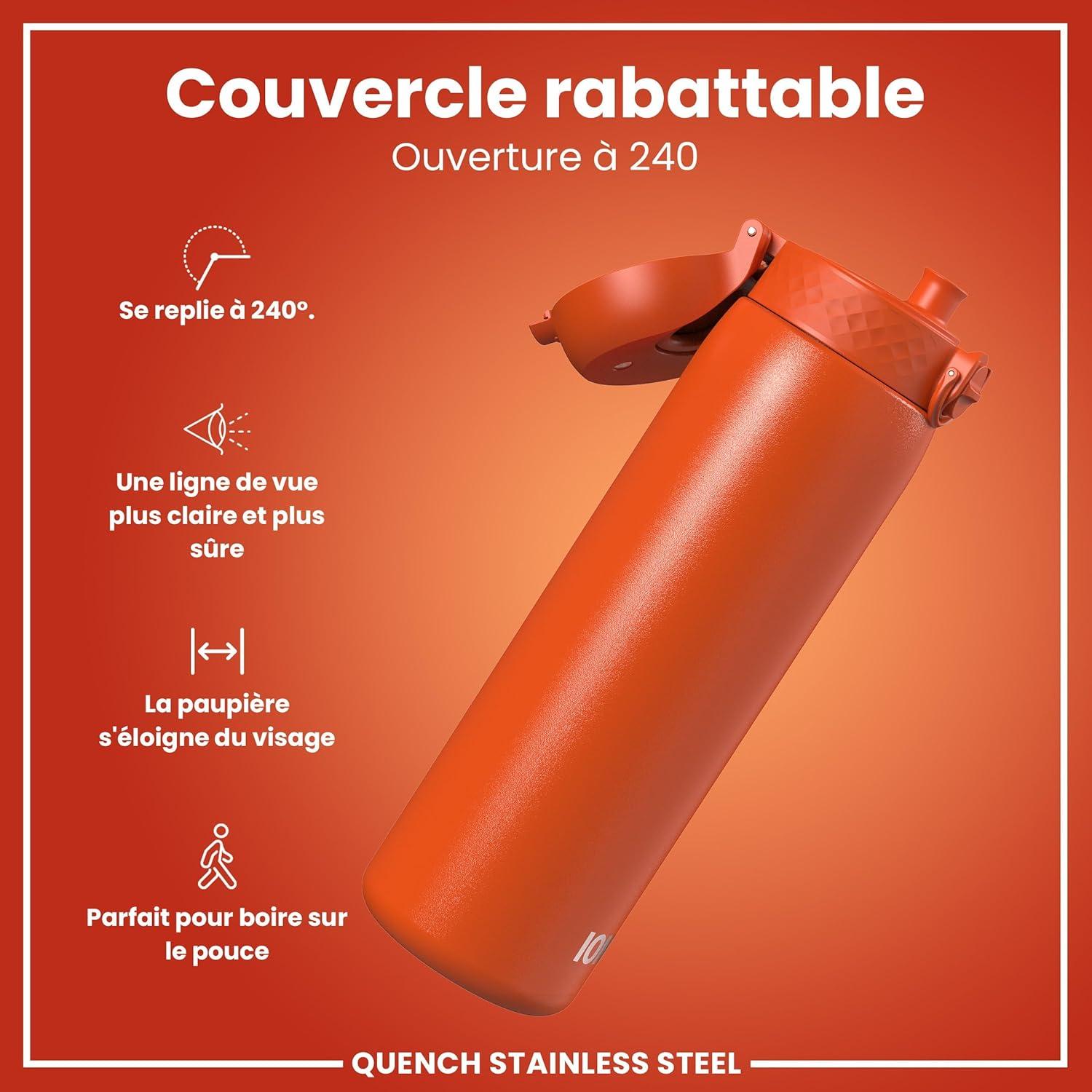 image:imageION8 Gourde Inox Lger 1 Litre Non Isol AntiFuite Facile Ouvrir Verrouillage Scuris Lavable au LaveVaisselle Poigne de Transport Acier Inoxydable 1200ml Bleu Marine CendrOrange