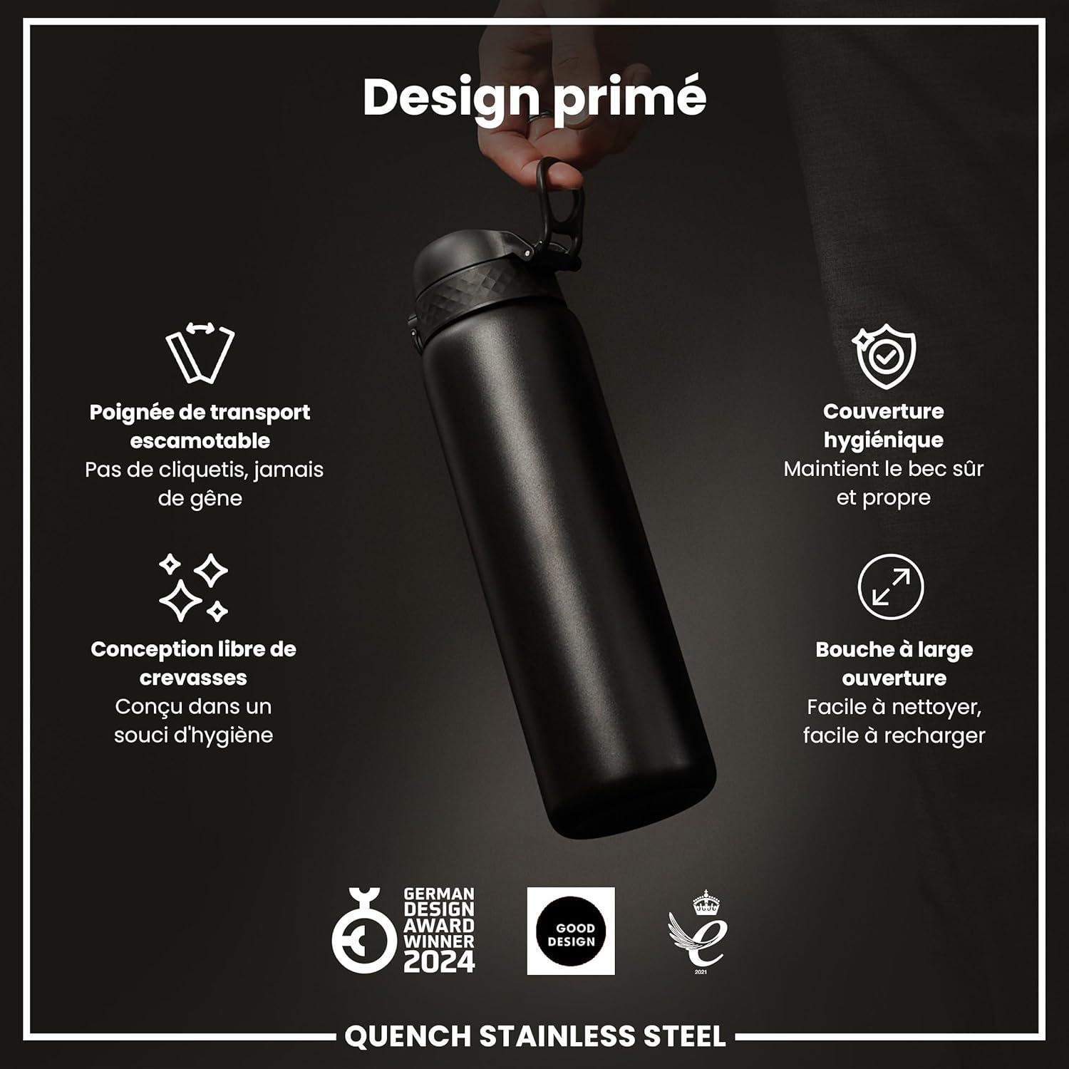 image:imageION8 Gourde Inox Lger 1 Litre Non Isol AntiFuite Facile Ouvrir Verrouillage Scuris Lavable au LaveVaisselle Poigne de Transport Acier Inoxydable 1200ml Bleu Marine CendrNoir