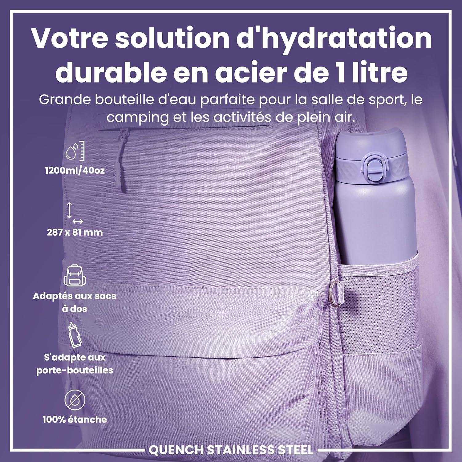 image:imageION8 Gourde Inox Lger 1 Litre Non Isol AntiFuite Facile Ouvrir Verrouillage Scuris Lavable au LaveVaisselle Poigne de Transport Acier Inoxydable 1200ml Bleu Marine CendrViolet Clair