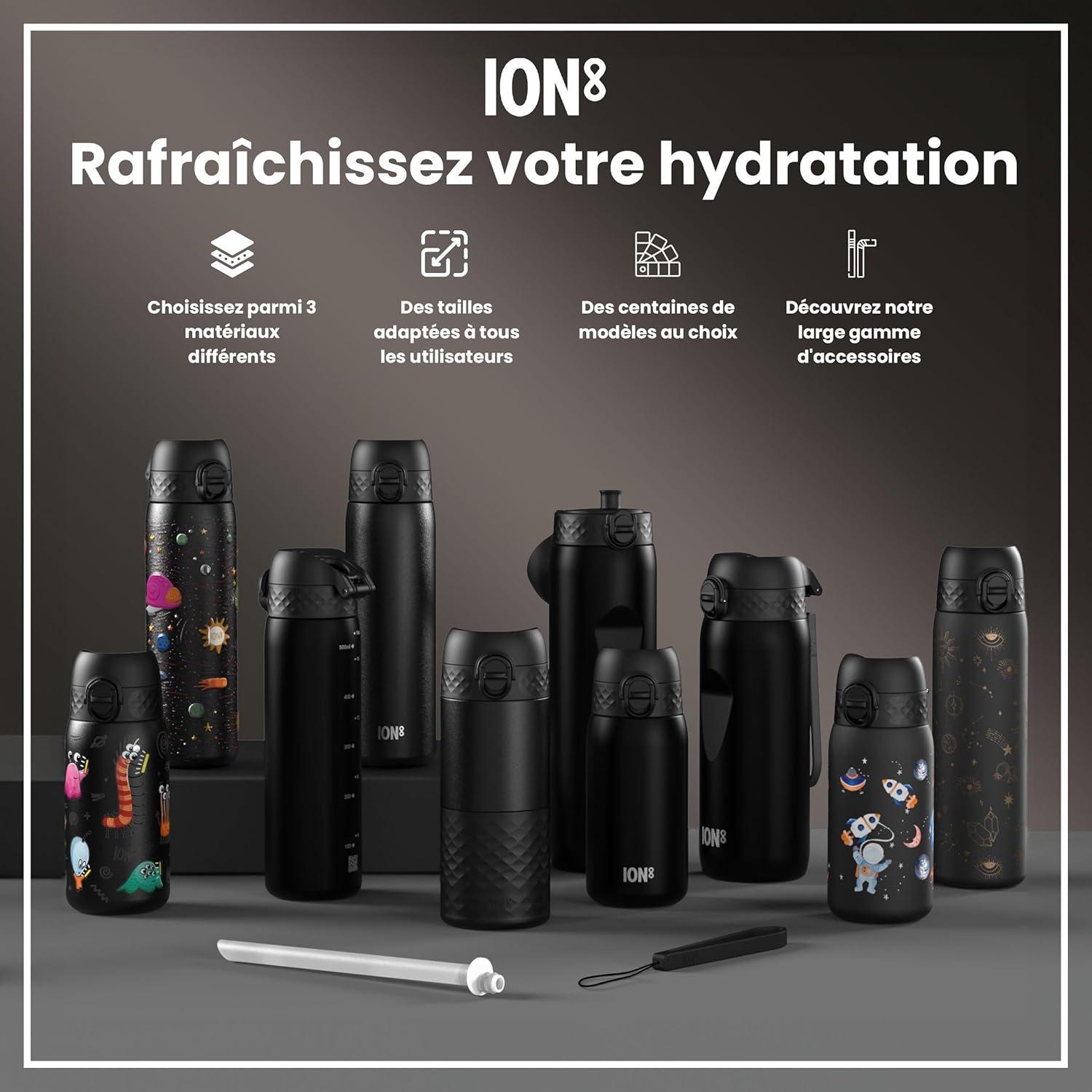 image:imageION8 Gourde Inox Lger 1 Litre Non Isol AntiFuite Facile Ouvrir Verrouillage Scuris Lavable au LaveVaisselle Poigne de Transport Acier Inoxydable 1200ml Bleu Marine CendrNoir