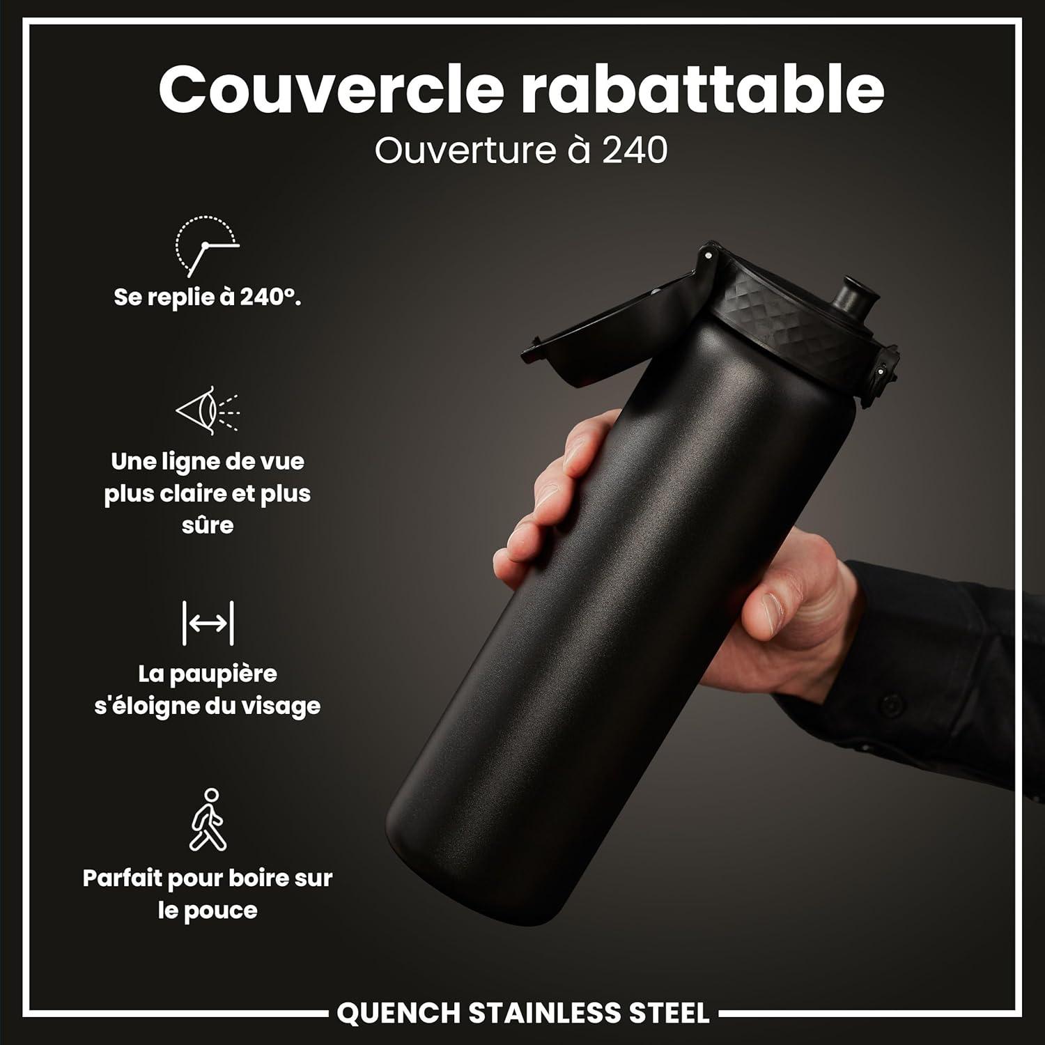 image:imageION8 Gourde Inox Lger 1 Litre Non Isol AntiFuite Facile Ouvrir Verrouillage Scuris Lavable au LaveVaisselle Poigne de Transport Acier Inoxydable 1200ml Bleu Marine CendrNoir