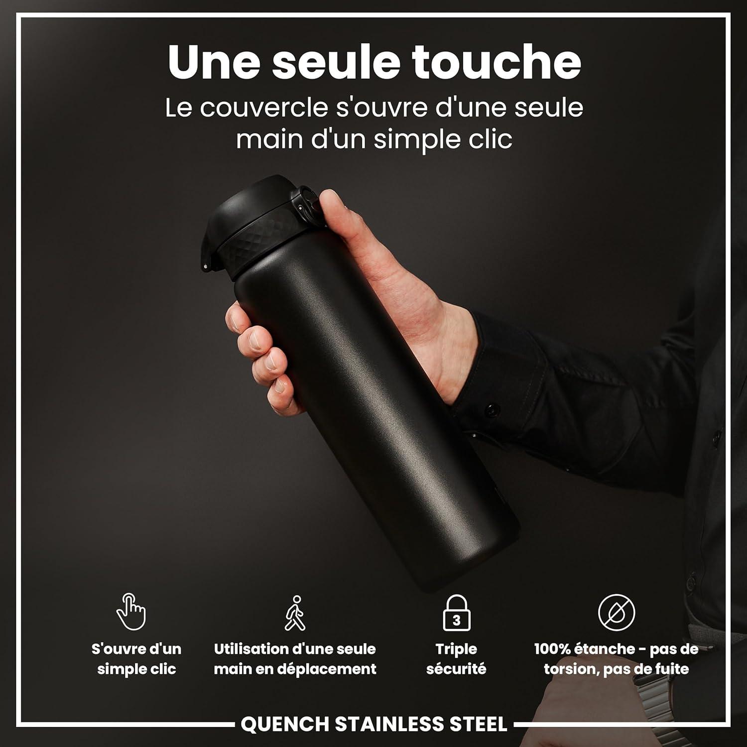 image:imageION8 Gourde Inox Lger 1 Litre Non Isol AntiFuite Facile Ouvrir Verrouillage Scuris Lavable au LaveVaisselle Poigne de Transport Acier Inoxydable 1200ml Bleu Marine CendrNoir