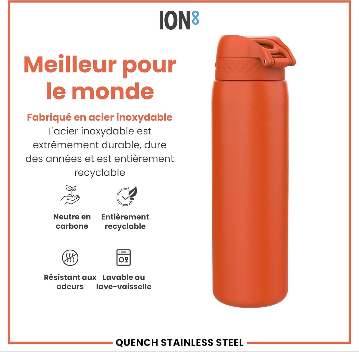 image:imageION8 Gourde Inox Lger 1 Litre Non Isol AntiFuite Facile Ouvrir Verrouillage Scuris Lavable au LaveVaisselle Poigne de Transport Acier Inoxydable 1200ml Bleu Marine CendrOrange