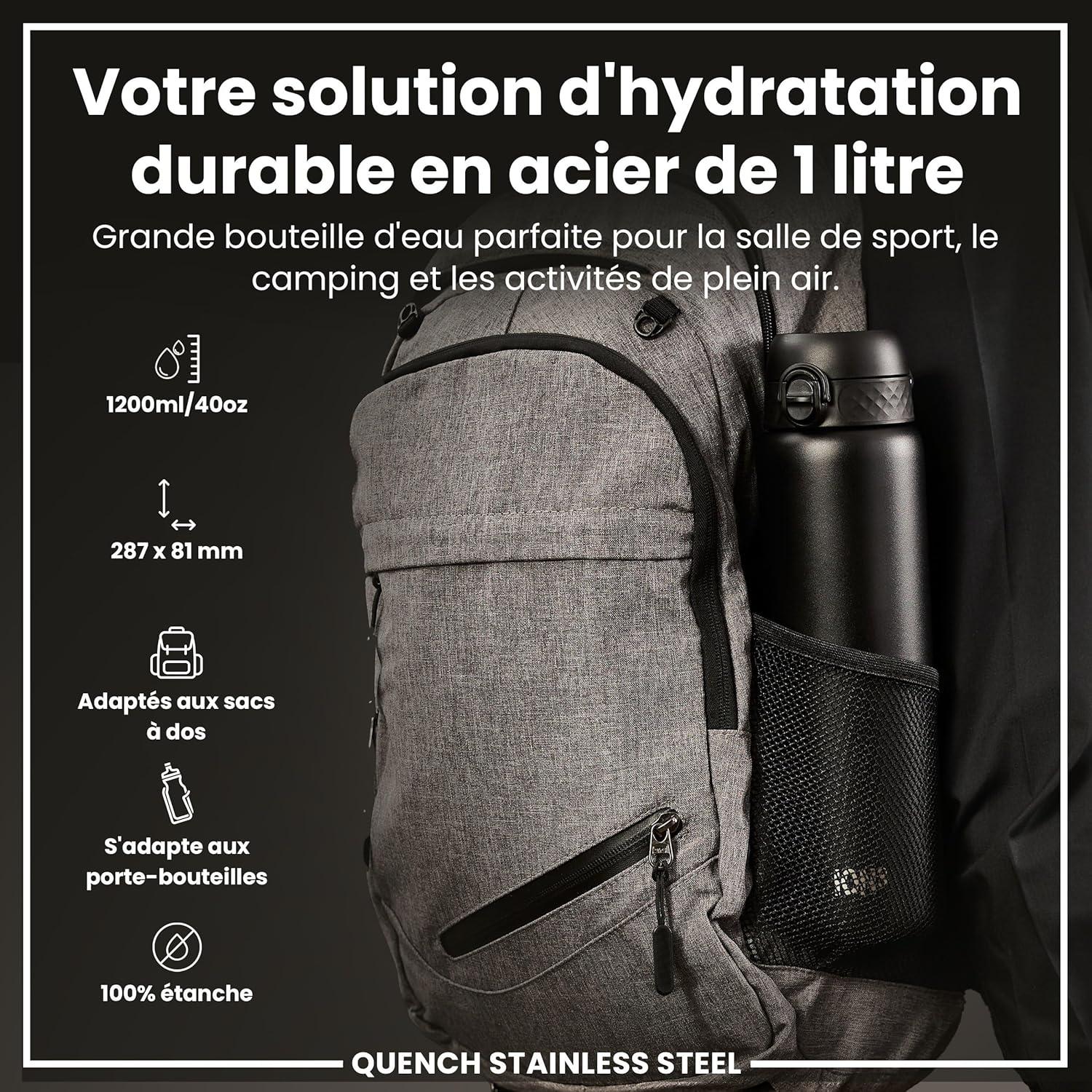 image:imageION8 Gourde Inox Lger 1 Litre Non Isol AntiFuite Facile Ouvrir Verrouillage Scuris Lavable au LaveVaisselle Poigne de Transport Acier Inoxydable 1200ml Bleu Marine CendrNoir