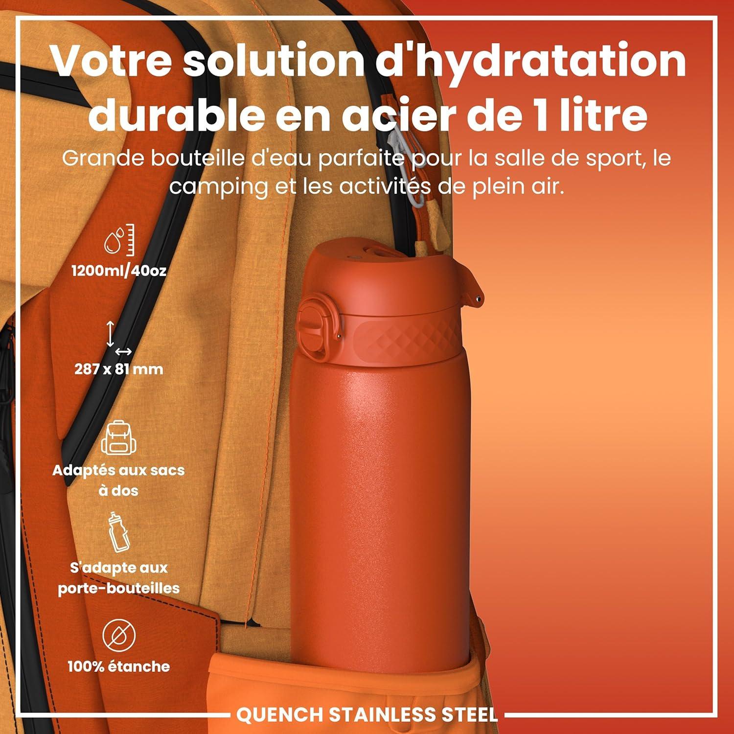 image:imageION8 Gourde Inox Lger 1 Litre Non Isol AntiFuite Facile Ouvrir Verrouillage Scuris Lavable au LaveVaisselle Poigne de Transport Acier Inoxydable 1200ml Bleu Marine CendrOrange