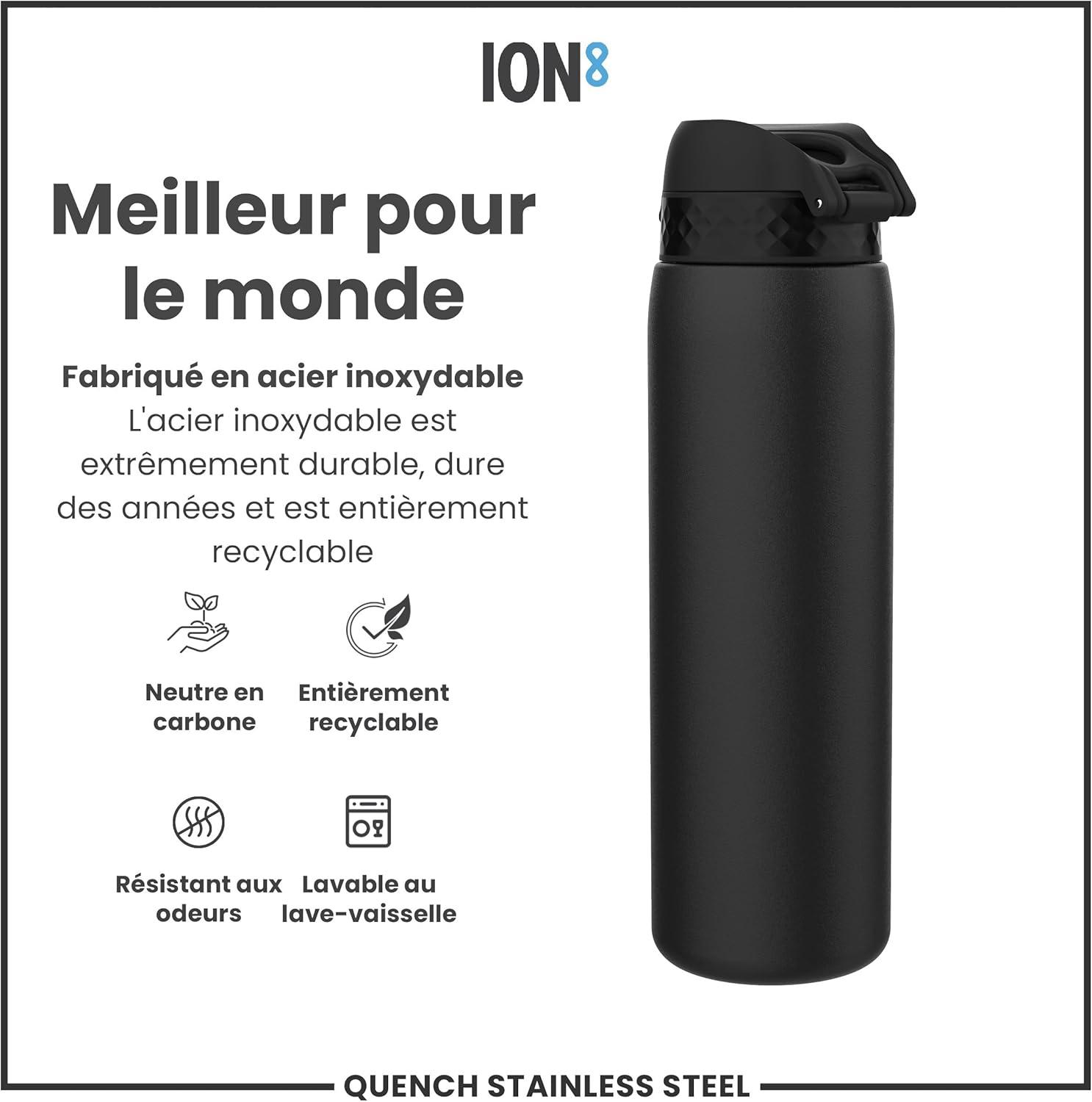 image:imageION8 Gourde Inox Lger 1 Litre Non Isol AntiFuite Facile Ouvrir Verrouillage Scuris Lavable au LaveVaisselle Poigne de Transport Acier Inoxydable 1200ml Bleu Marine CendrNoir