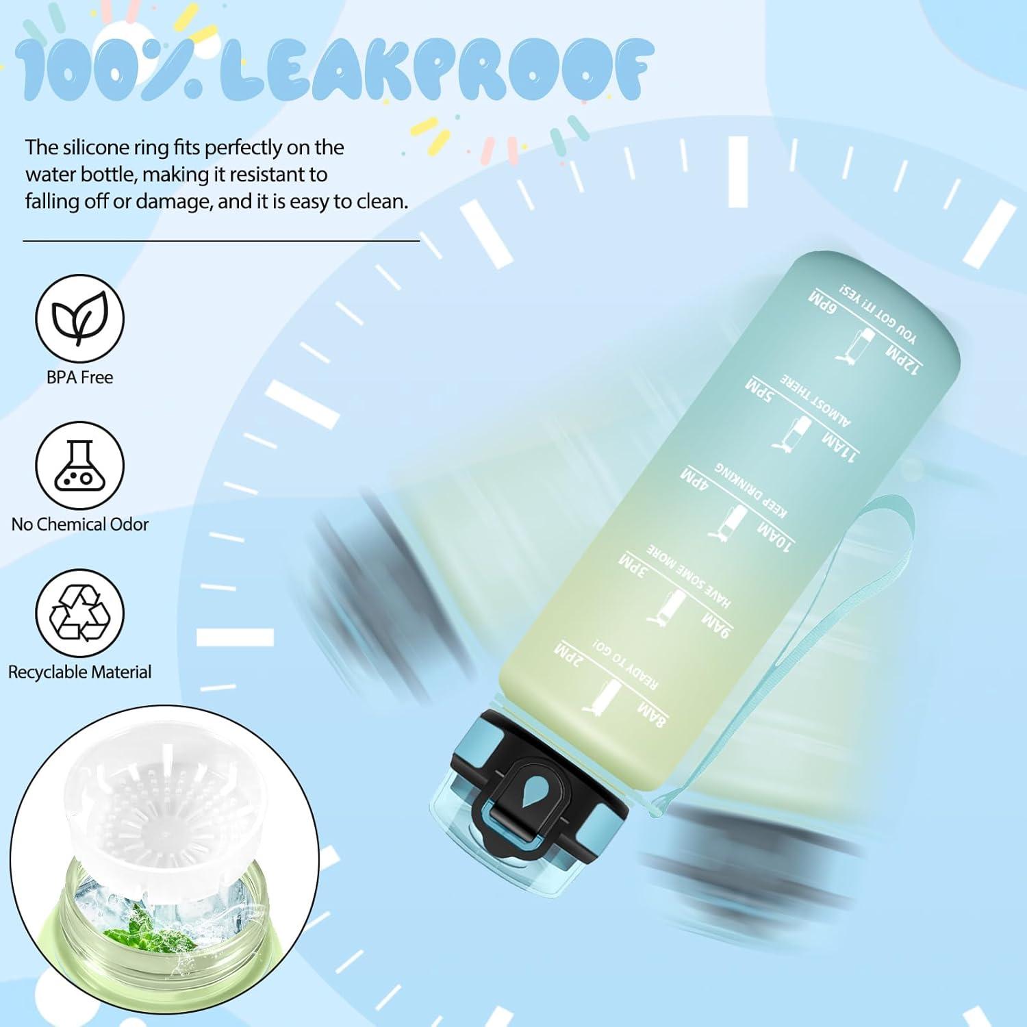 image:imageMotswedi Gourde 1l Sans BPA Gourde Sport avec Marqueur de Temps Bouteille deau AntiFuite Bouteille Plastique pour Fitness Sport Yoga Randonne BleuampampvertGivreciel500ml