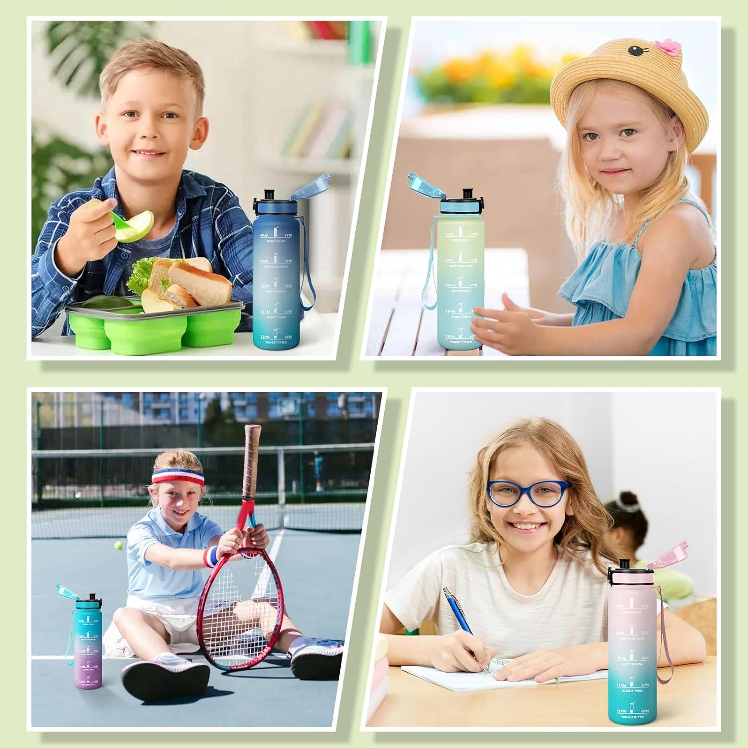 image:imageMotswedi Gourde 1l Sans BPA Gourde Sport avec Marqueur de Temps Bouteille deau AntiFuite Bouteille Plastique pour Fitness Sport Yoga Randonne BleuampampvertGivreciel500ml