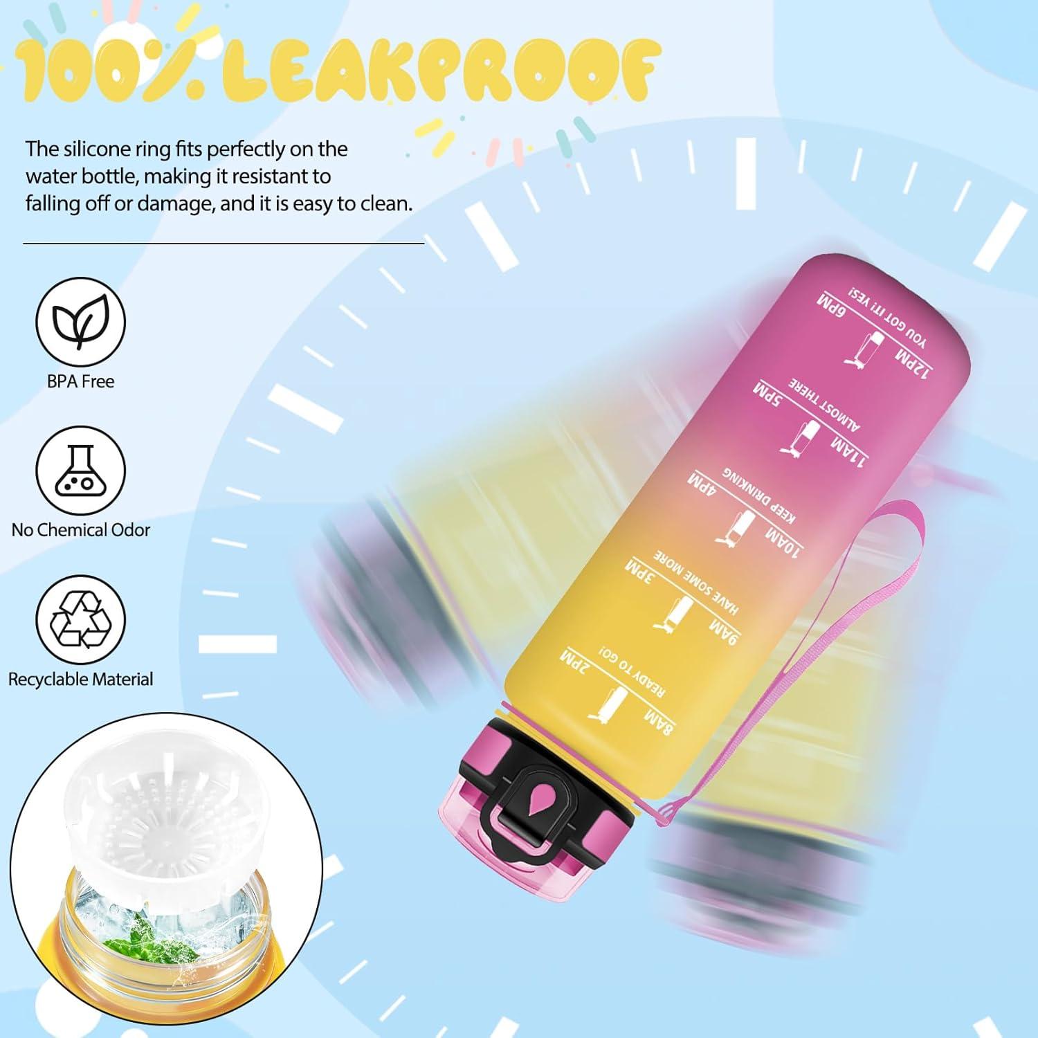image:imageMotswedi Gourde 1l Sans BPA Gourde Sport avec Marqueur de Temps Bouteille deau AntiFuite Bouteille Plastique pour Fitness Sport Yoga Randonne BleuampampvertJaunerose500ml