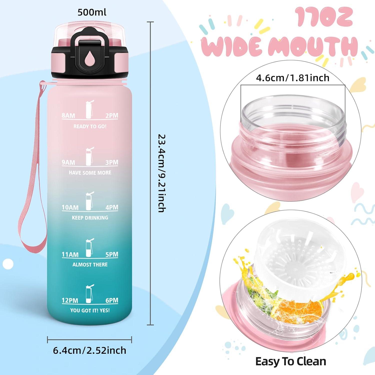 image:imageMotswedi Gourde 1l Sans BPA Gourde Sport avec Marqueur de Temps Bouteille deau AntiFuite Bouteille Plastique pour Fitness Sport Yoga Randonne BleuampampvertRosecyan500ml