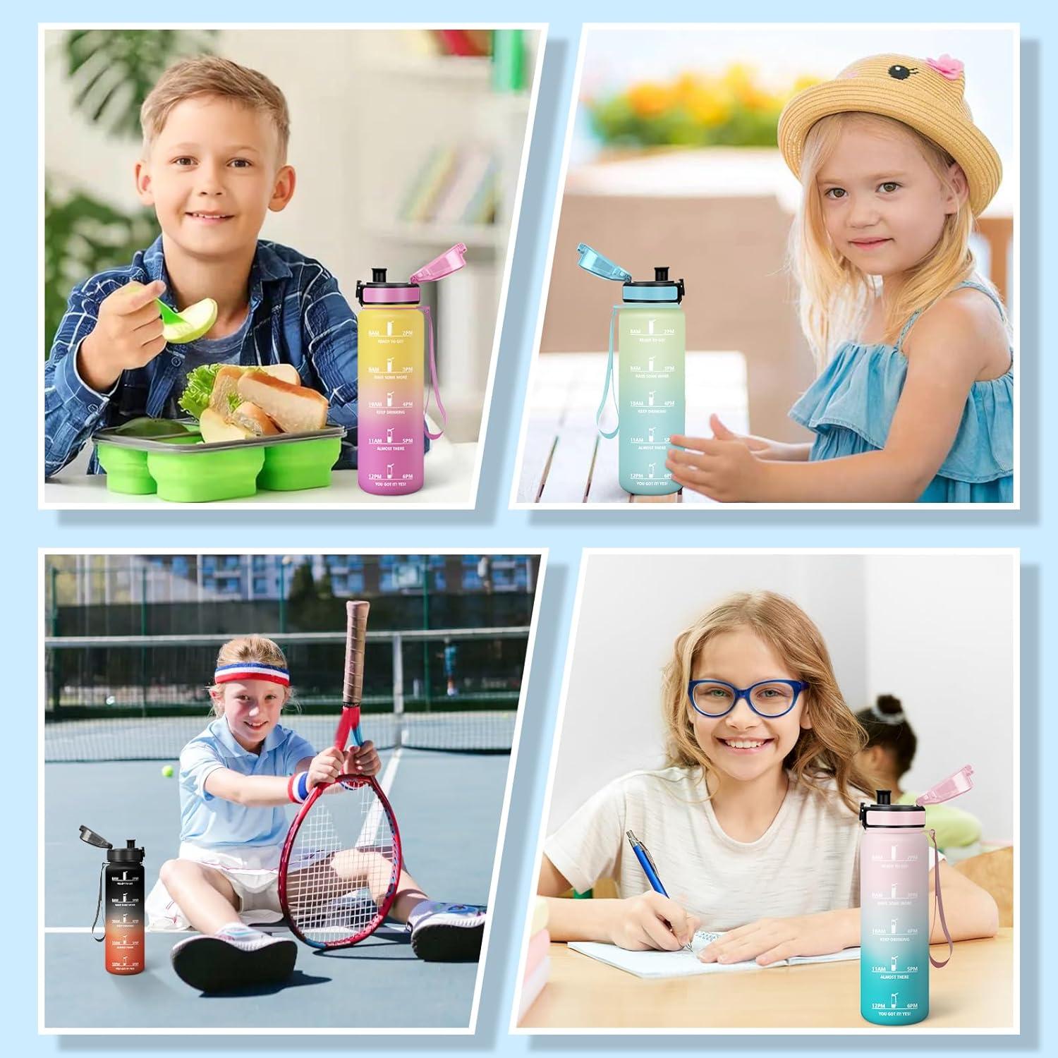 image:imageMotswedi Gourde 1l Sans BPA Gourde Sport avec Marqueur de Temps Bouteille deau AntiFuite Bouteille Plastique pour Fitness Sport Yoga Randonne BleuampampvertJaunerose500ml