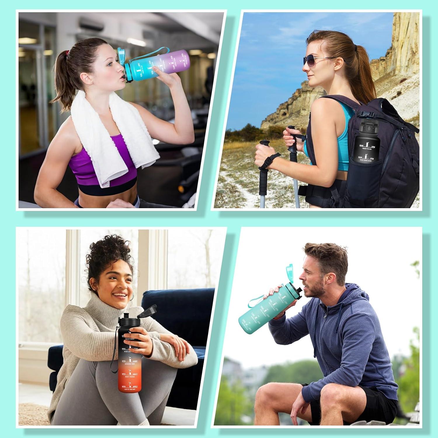 image:imageMotswedi Gourde 1l Sans BPA Gourde Sport avec Marqueur de Temps Bouteille deau AntiFuite Bouteille Plastique pour Fitness Sport Yoga Randonne BleuampampvertBleuvert1000ml