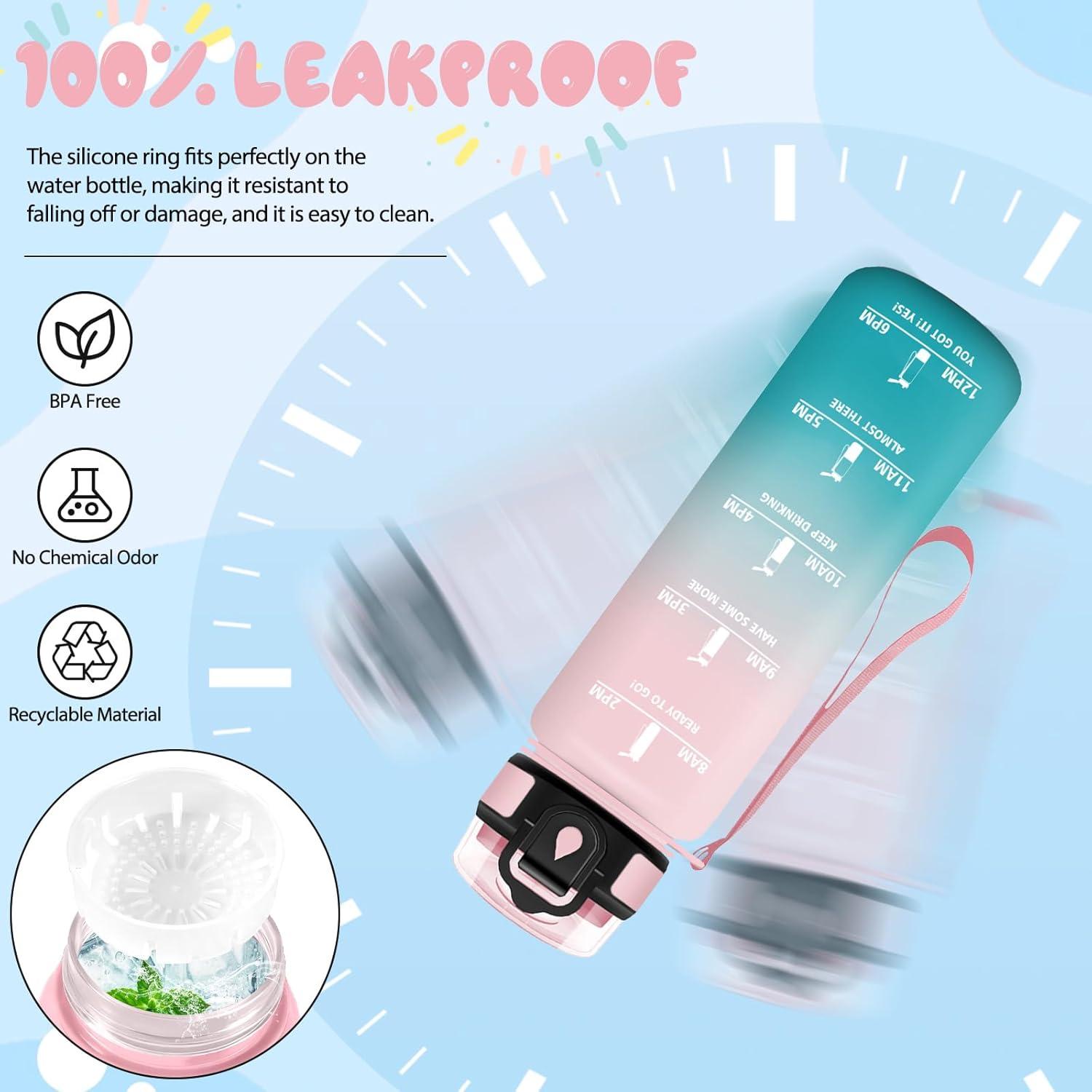 image:imageMotswedi Gourde 1l Sans BPA Gourde Sport avec Marqueur de Temps Bouteille deau AntiFuite Bouteille Plastique pour Fitness Sport Yoga Randonne BleuampampvertRosecyan500ml