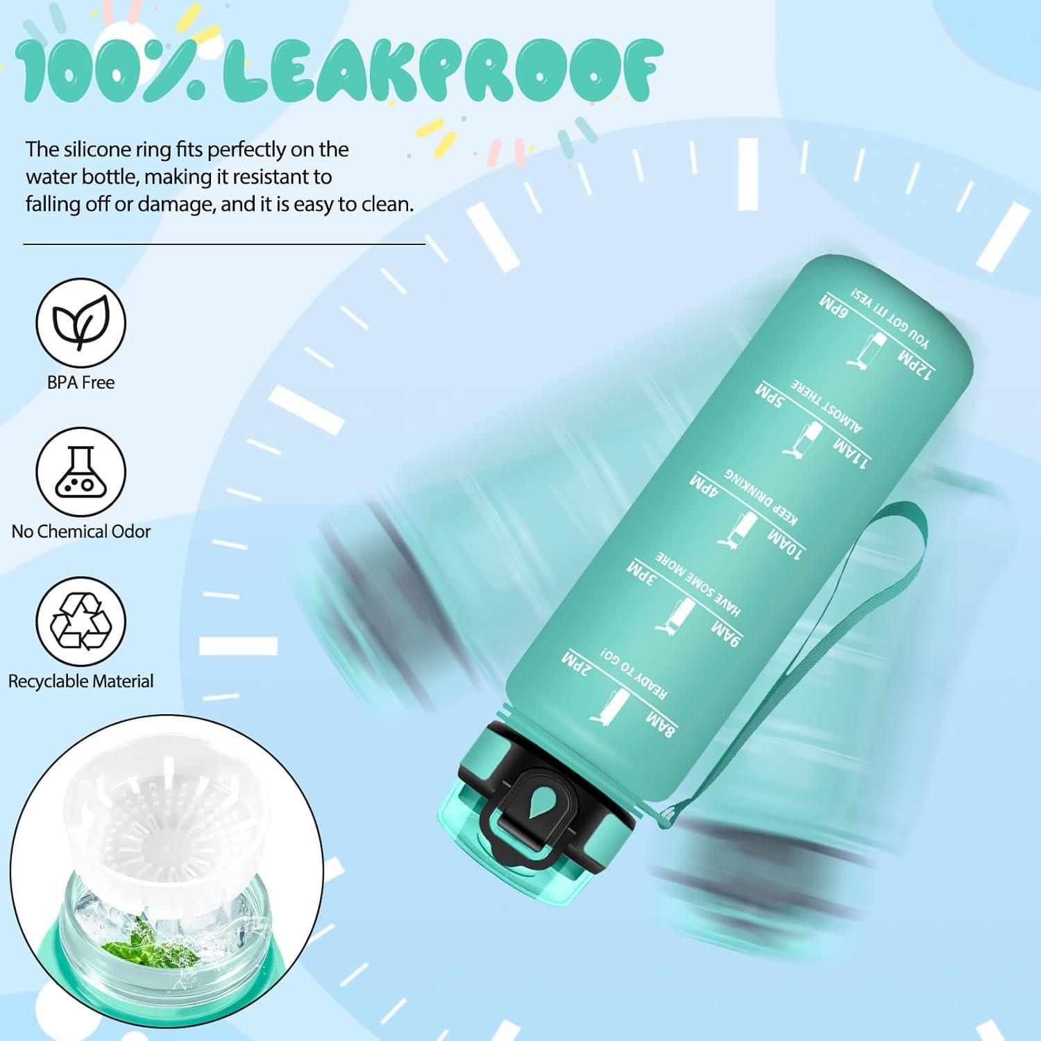 image:imageMotswedi Gourde 1l Sans BPA Gourde Sport avec Marqueur de Temps Bouteille deau AntiFuite Bouteille Plastique pour Fitness Sport Yoga Randonne BleuampampvertCyan Clair500ml