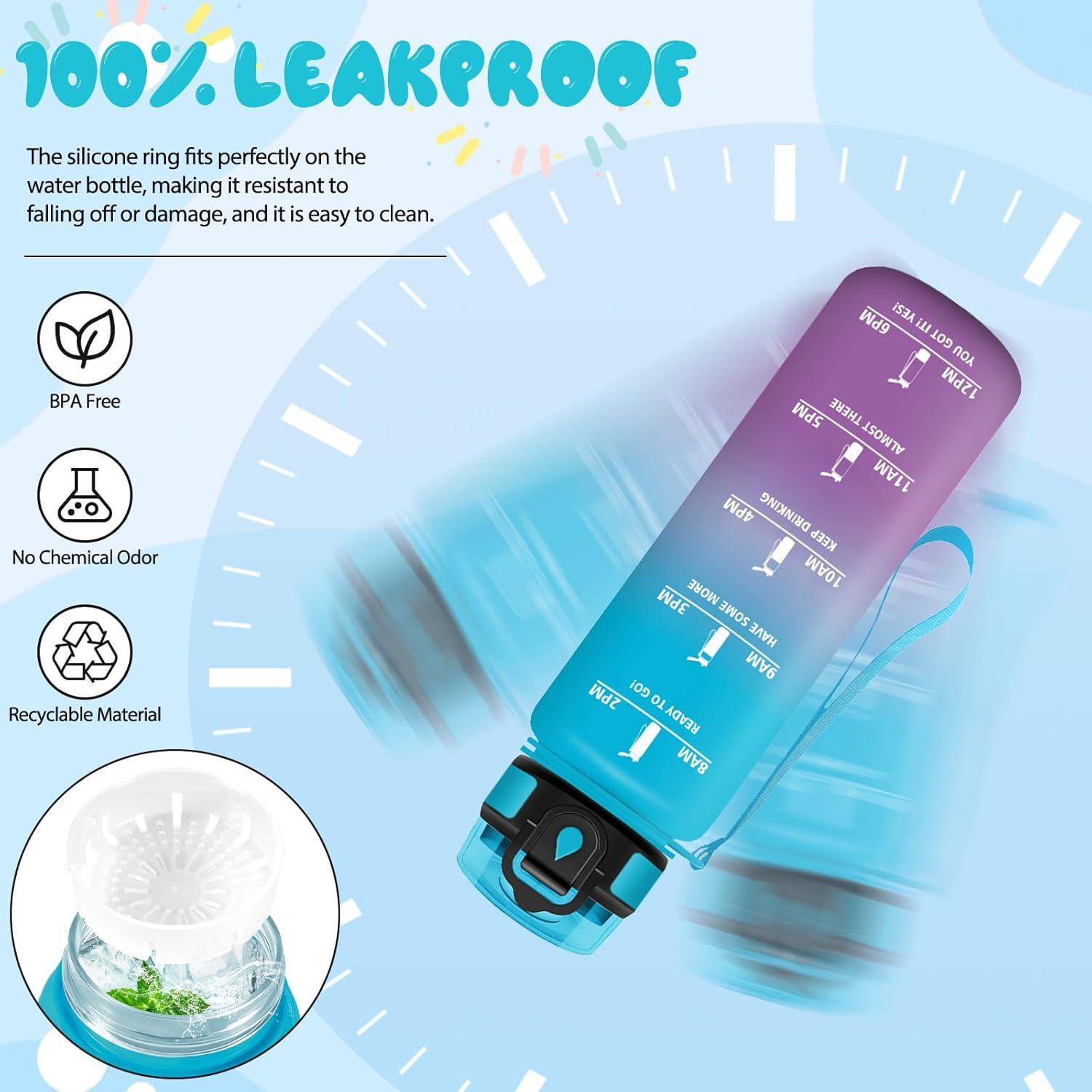 image:imageMotswedi Gourde 1l Sans BPA Gourde Sport avec Marqueur de Temps Bouteille deau AntiFuite Bouteille Plastique pour Fitness Sport Yoga Randonne BleuampampvertBleuviolet500ml