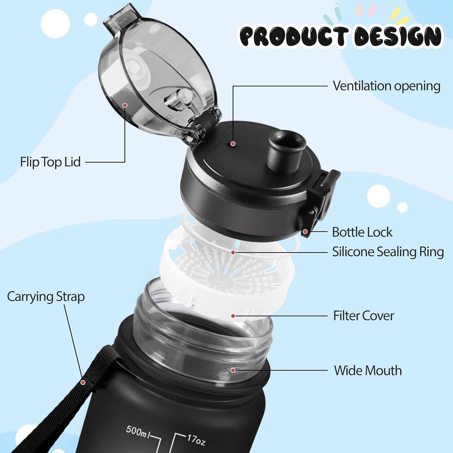 image:imageMotswedi Gourde 1l Sans BPA Gourde Sport avec Marqueur de Temps Bouteille deau AntiFuite Bouteille Plastique pour Fitness Sport Yoga Randonne BleuampampvertNoirrouge500ml