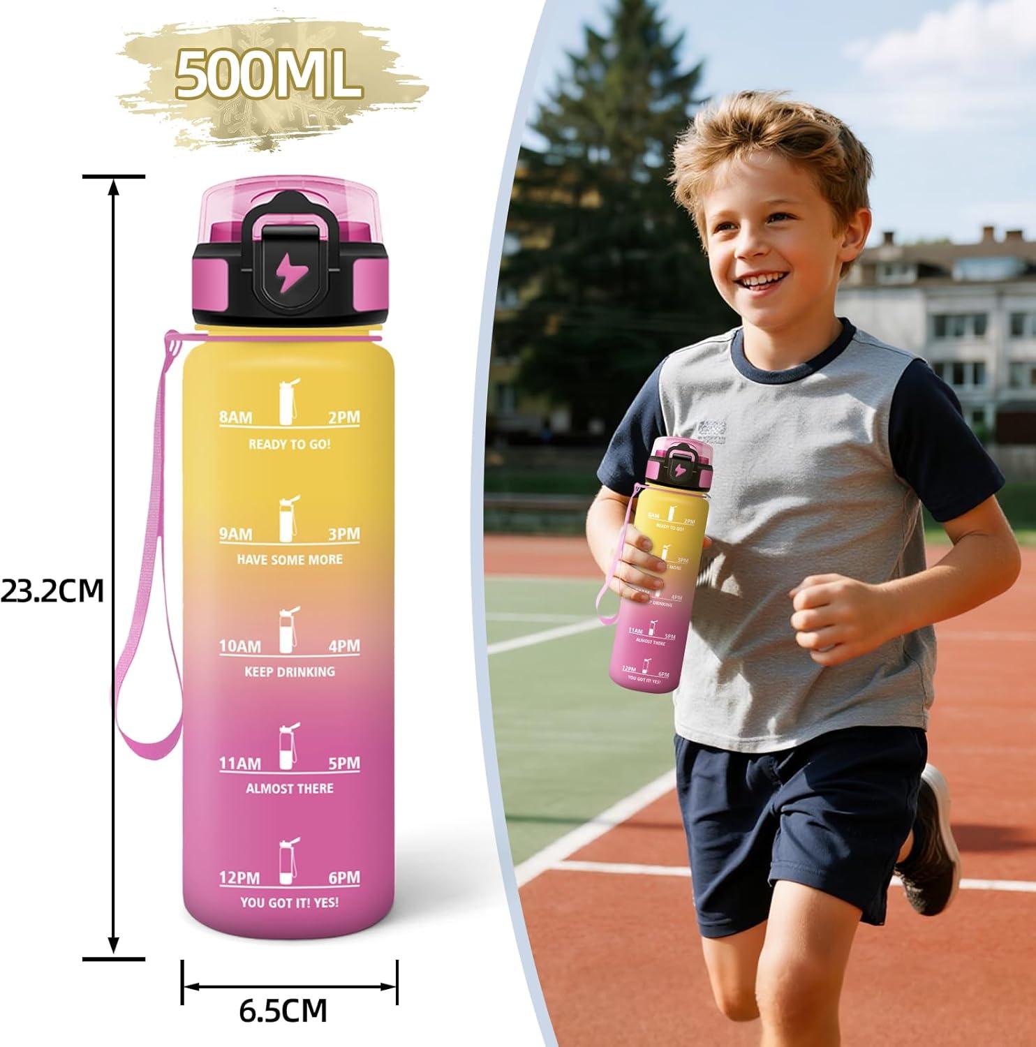 image:imageMotswedi Gourde Enfant 500 ml AntiFuite Gourde Sport avec Marqueur de Temps Bouteille deau Rutilisable Sans BPA Bouteille pour cole Sport Yoga Fitness Randonne Rose VertJaune Rose