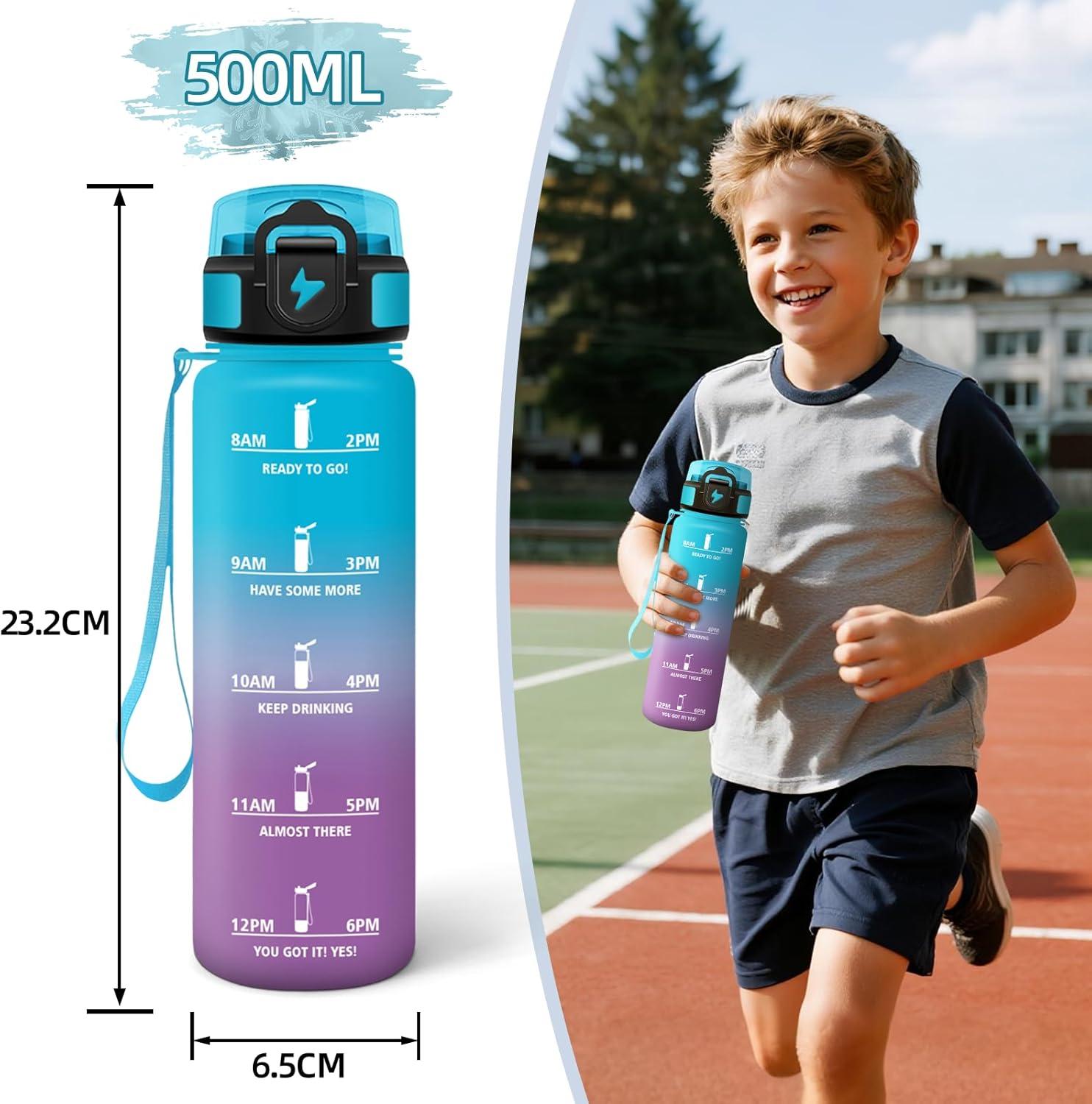 image:imageMotswedi Gourde Enfant 500 ml AntiFuite Gourde Sport avec Marqueur de Temps Bouteille deau Rutilisable Sans BPA Bouteille pour cole Sport Yoga Fitness Randonne Rose VertBleu Violet