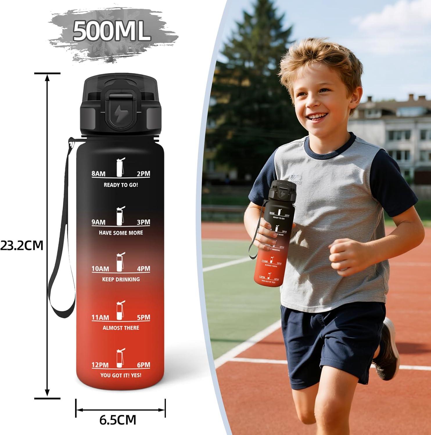 image:imageMotswedi Gourde Enfant 500 ml AntiFuite Gourde Sport avec Marqueur de Temps Bouteille deau Rutilisable Sans BPA Bouteille pour cole Sport Yoga Fitness Randonne Rose VertNoir Rouge