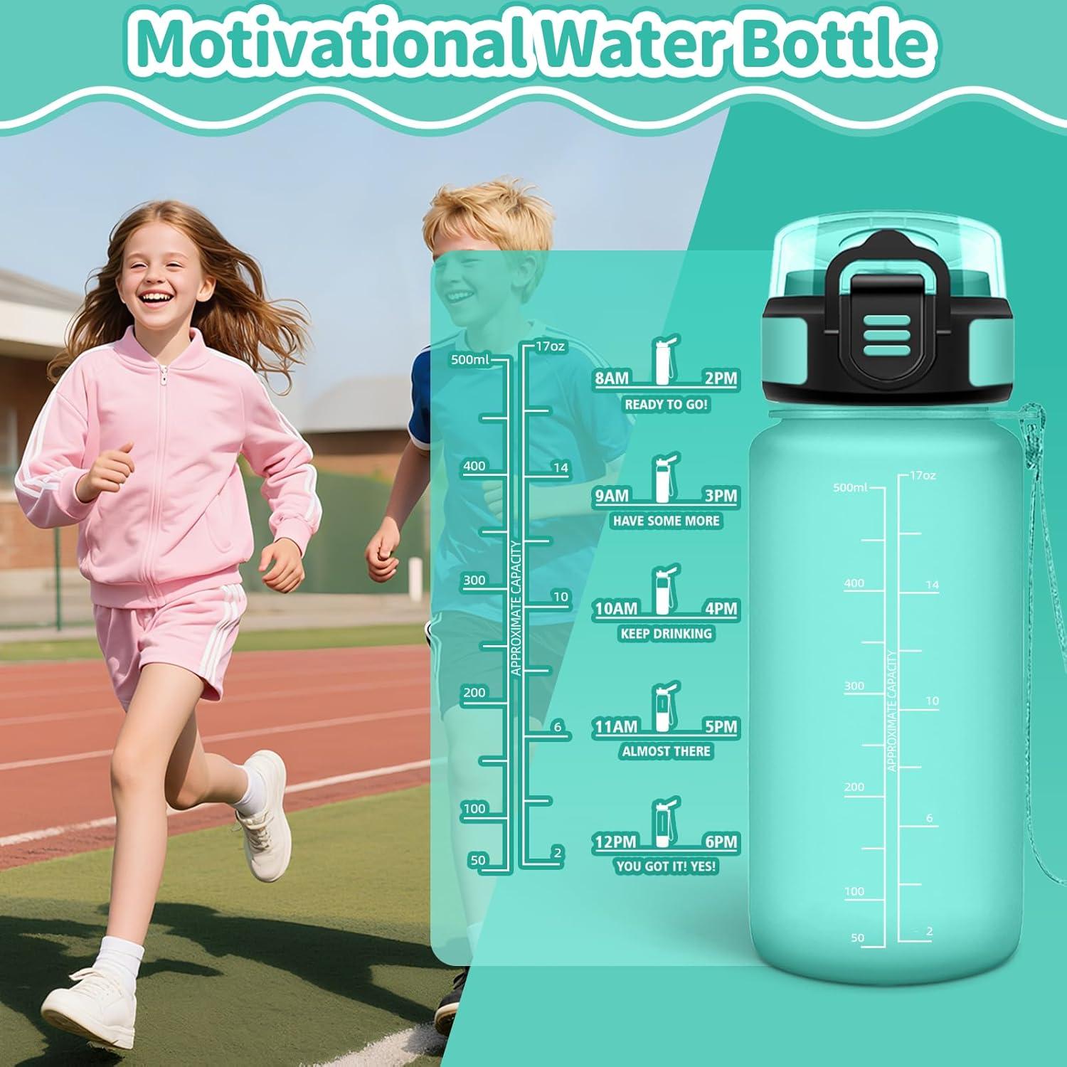 image:imageMotswedi Gourde Enfant 500 ml AntiFuite Gourde Sport avec Marqueur de Temps Bouteille deau Rutilisable Sans BPA Bouteille pour cole Sport Yoga Fitness Randonne Rose VertBleuvert500ml