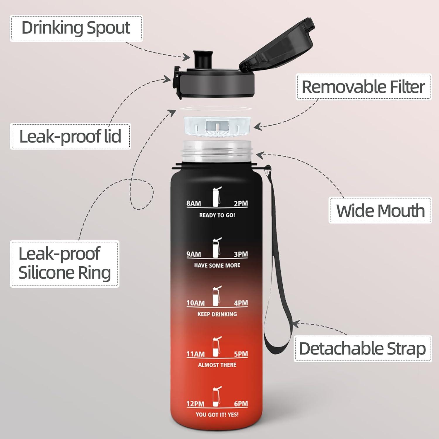 image:imageMotswedi Gourde Enfant 500 ml AntiFuite Gourde Sport avec Marqueur de Temps Bouteille deau Rutilisable Sans BPA Bouteille pour cole Sport Yoga Fitness Randonne Rose VertNoir Rouge