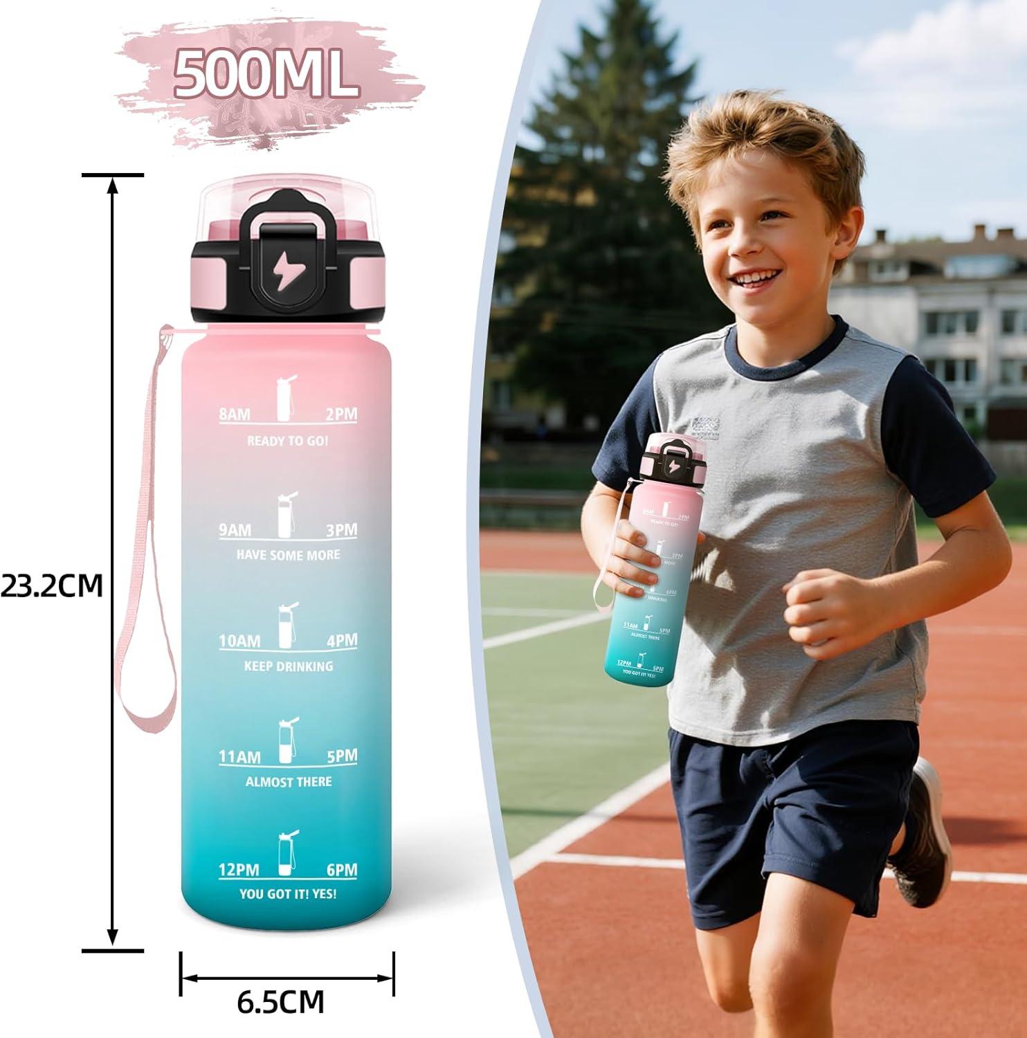 image:imageMotswedi Gourde Enfant 500 ml AntiFuite Gourde Sport avec Marqueur de Temps Bouteille deau Rutilisable Sans BPA Bouteille pour cole Sport Yoga Fitness Randonne Rose VertRose Vert