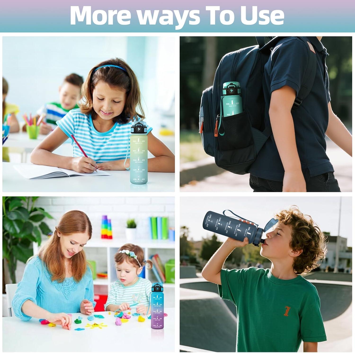 image:imageMotswedi Gourde Enfant 500 ml AntiFuite Gourde Sport avec Marqueur de Temps Bouteille deau Rutilisable Sans BPA Bouteille pour cole Sport Yoga Fitness Randonne Rose VertBleu Violet