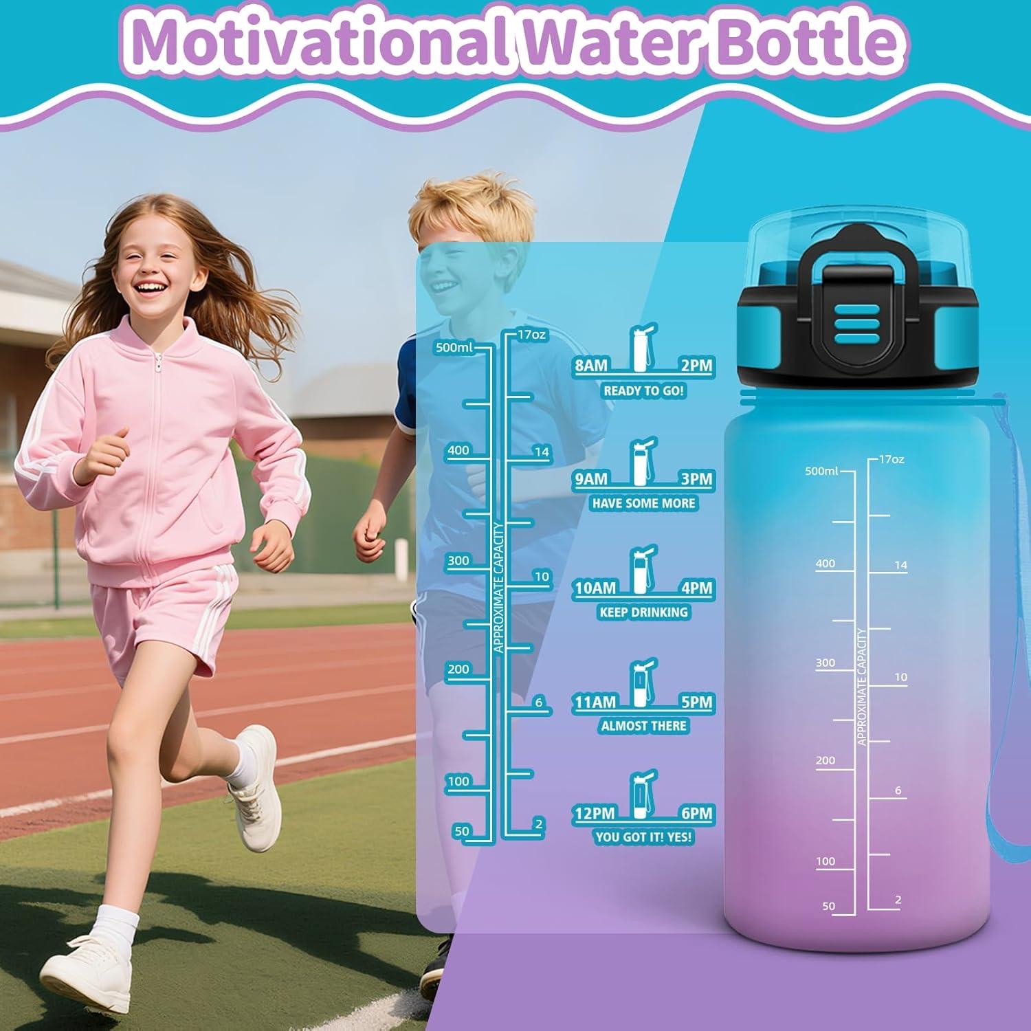 image:imageMotswedi Gourde Enfant 500 ml AntiFuite Gourde Sport avec Marqueur de Temps Bouteille deau Rutilisable Sans BPA Bouteille pour cole Sport Yoga Fitness Randonne Rose VertBleuviolet500ml