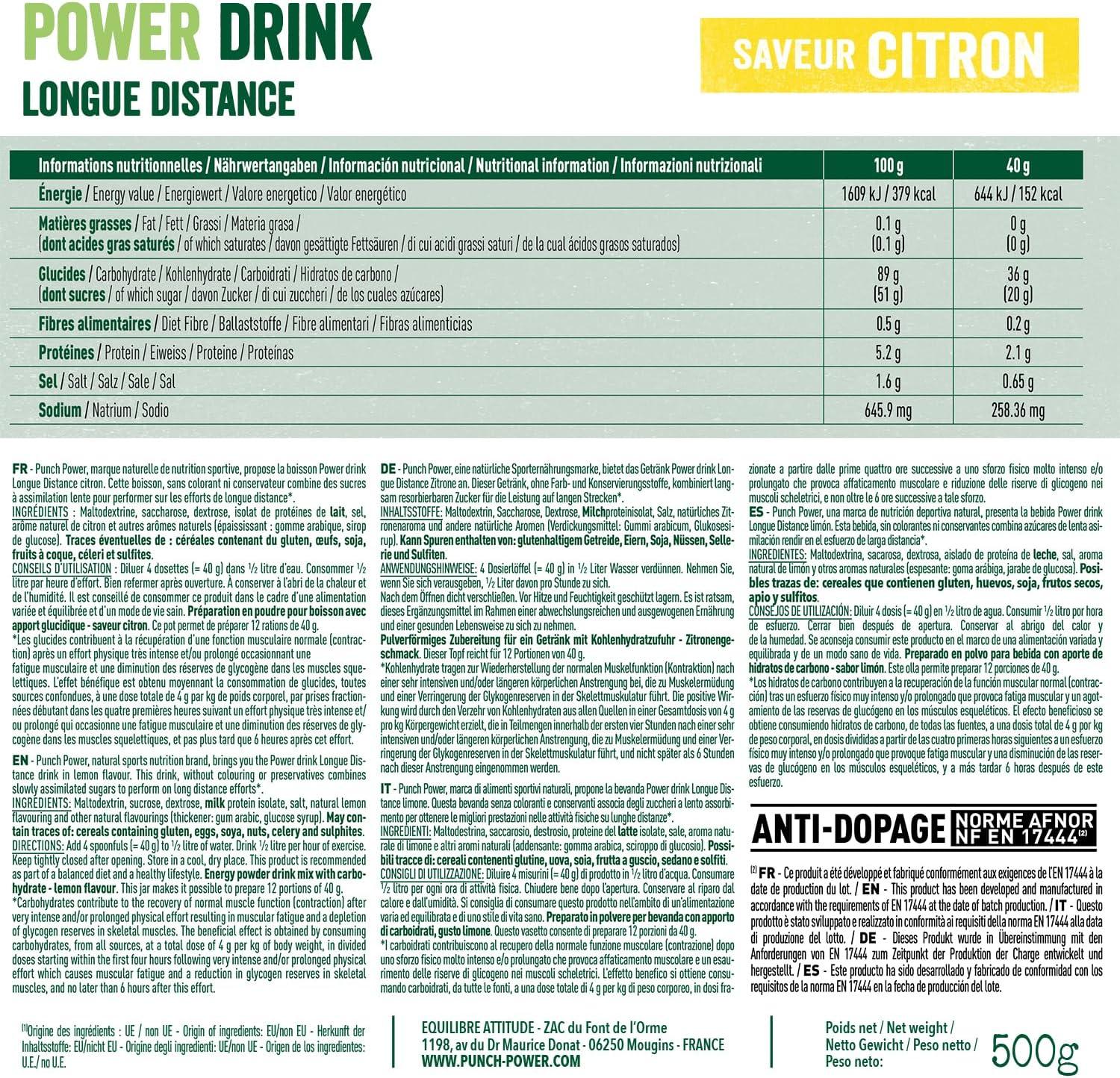 image:imagePUNCH POWER Boisson Longue Distance Citron Pot 500 g Energie Longue Dure Glucides BCAA Vitamines Electrolytes Antioxydant Marque Franaise