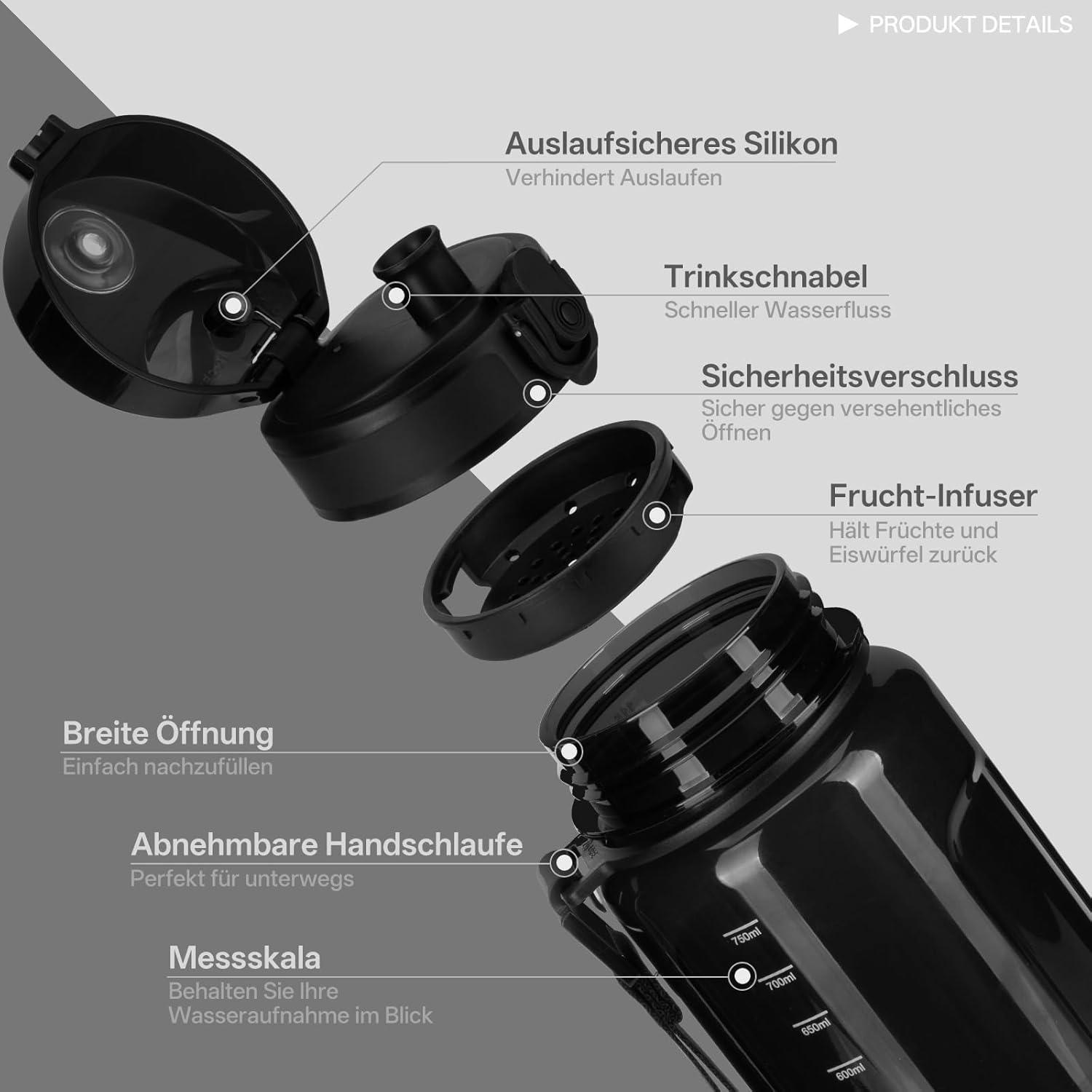 image:imageUZSPACE Gourde Sport 500ml750ml950ml Gourde Sans BPA tanche Pour Vlo Fitness ExtrieurNoir