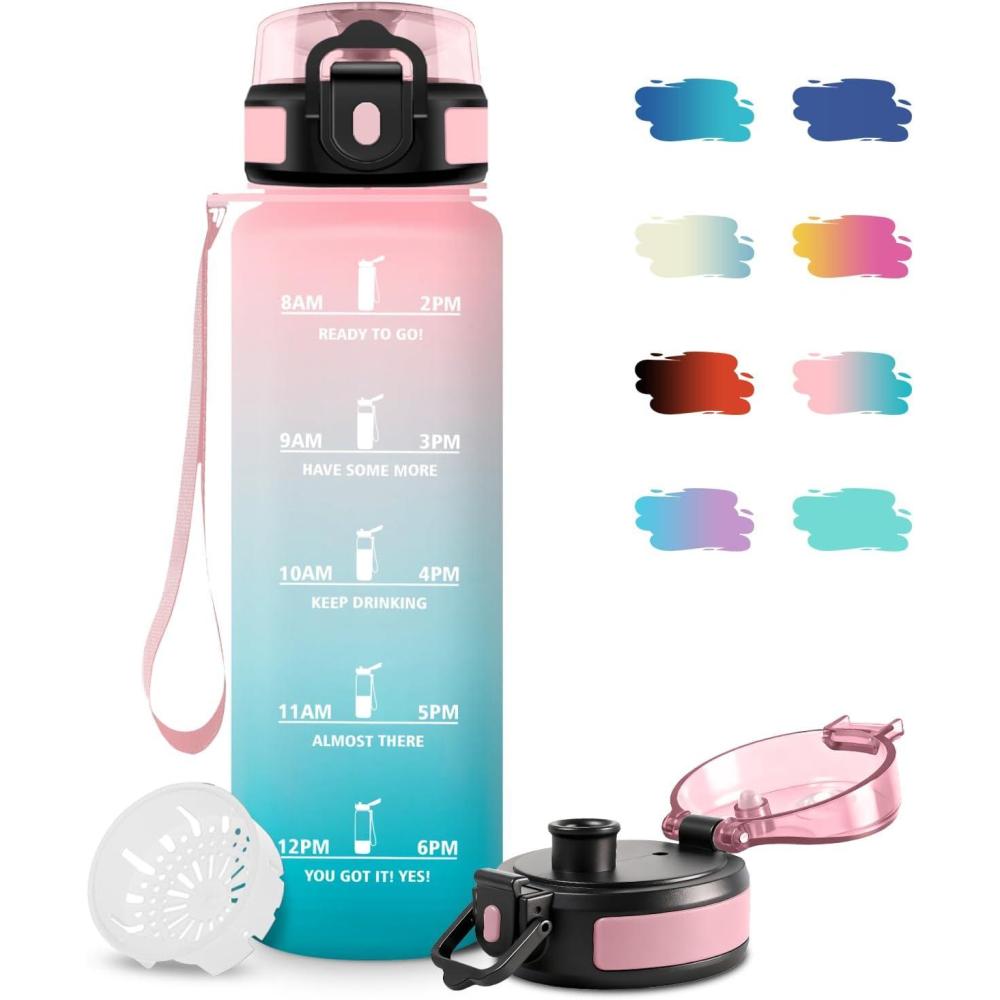 image:imageBouteille deau 1L Gourde Sport tanche Gourde Enfant avec Filtre Gourdes avec Marqueur de Temps Gourdes Motivation Idale pour Yoga cole Bureau Randonne32oz1000ml  Rose  Cyan