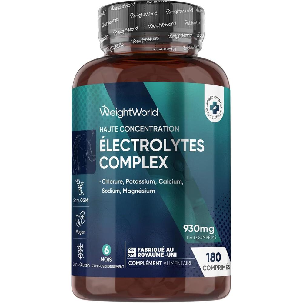 image:imageElectrolyte Complex 6 Mois dApprovisionnement sans Additifs Artificiels sans Sucre ni Saveurs Ingrdients dorigine Naturelle Sodium Calcium Magnsium Potassium Chlorure 180 comprims 930mg