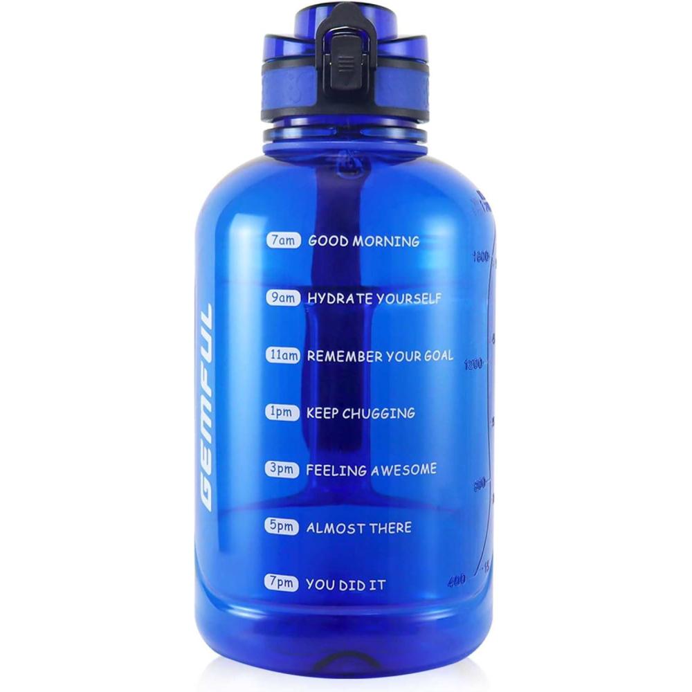 image:imageGEMFUL Bouteille deau sport 2L avec marqueur de temps Sans BPA tanche Bouteille deau sport 2L avec poigne pour fitness bureau et extrieur GrisBleu Ro