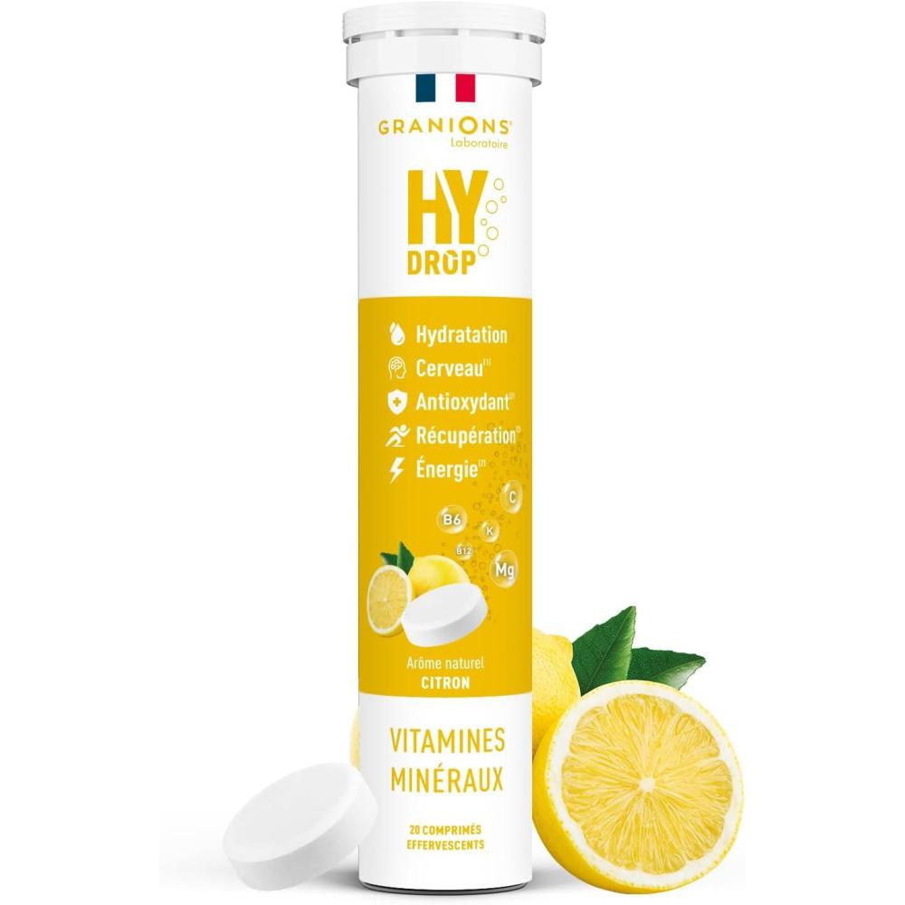 image:imageGRANIONS HYDROP  Pastilles Hydratation  Citron  SANS SUCRES  Fabriqu en France  Electrolytes Hydratation  Vitamines Minraux Magnesium  Pastille Hydratation  20 Pastilles Effervescentes