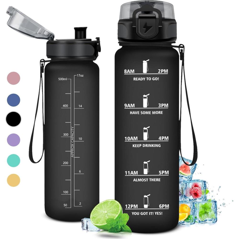 image:imageGourde 1L Gourde Sport tanche et Rutilisable Bouteille deau 1 Litre avec Marqueur de Temps et Filtre Bouteille pour Adulte lcole Cyclisme Voyage Camping Fitness Yoga Bureau Gym17oz500ml  Mat Noir