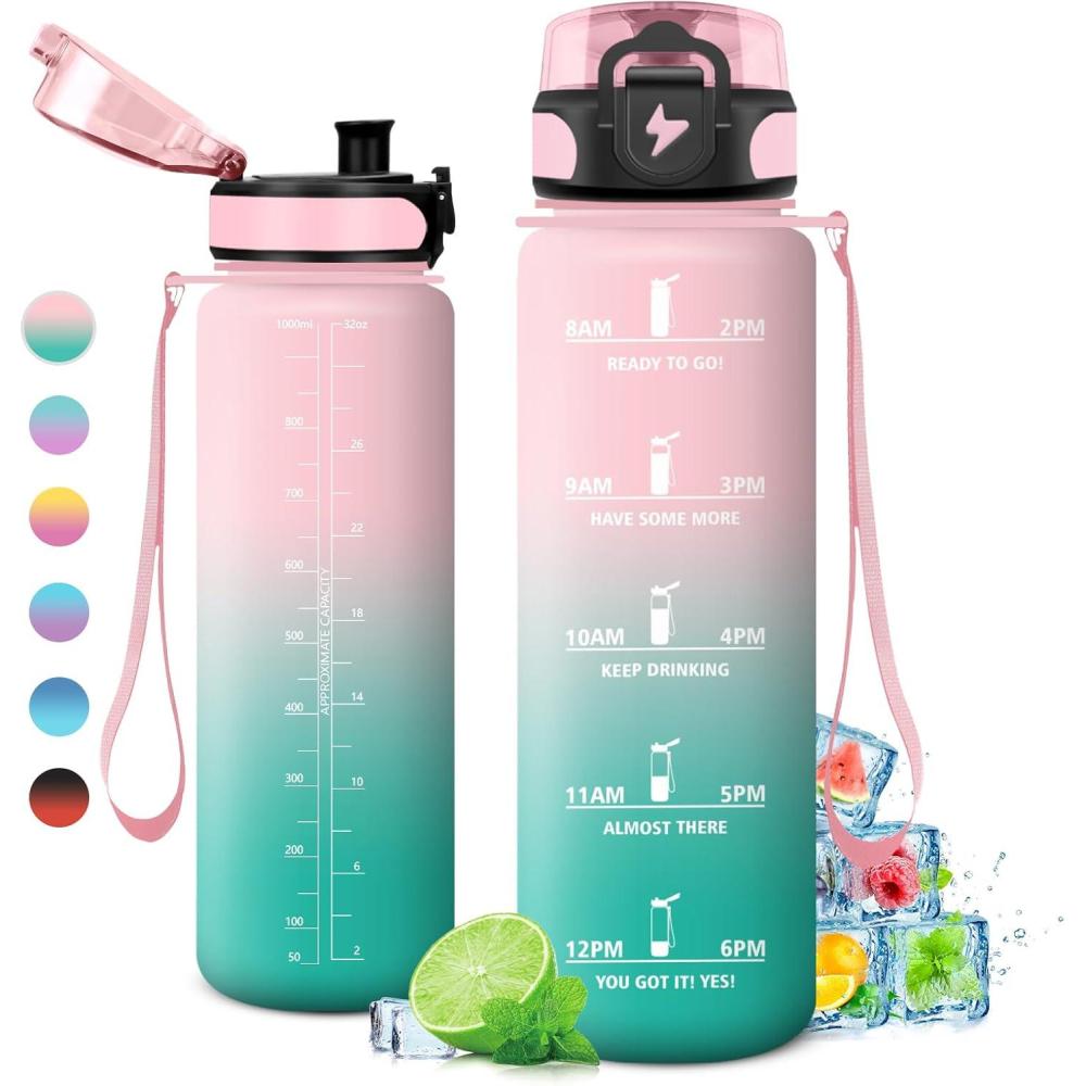 image:imageGourde 1L Gourde Sport tanche et Rutilisable Bouteille deau 1 Litre avec Marqueur de Temps et Filtre Bouteille pour Adulte lcole Cyclisme Voyage Camping Fitness Yoga Bureau Gym32oz1000ml  Rose  Cyan