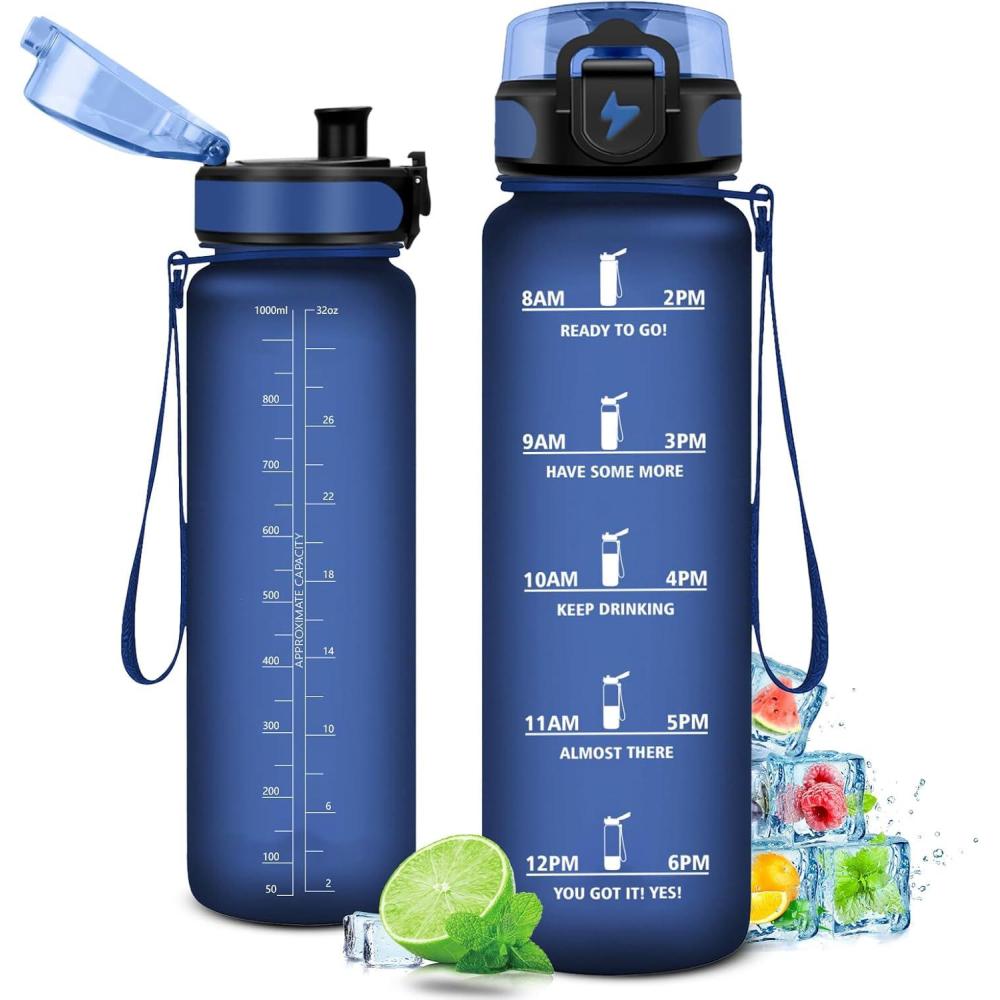image:imageGourde 1L Gourde Sport tanche et Rutilisable Bouteille deau 1 Litre avec Marqueur de Temps et Filtre Bouteille pour Adulte lcole Cyclisme Voyage Camping Fitness Yoga Bureau Gym32oz1000ml  Mat Marine Bleu