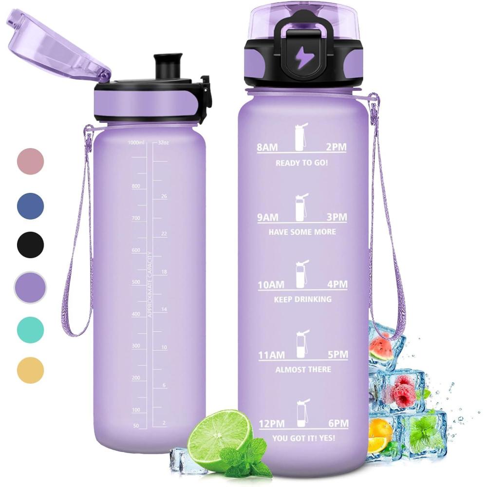 image:imageGourde 1L Gourde Sport tanche et Rutilisable Bouteille deau 1 Litre avec Marqueur de Temps et Filtre Bouteille pour Adulte lcole Cyclisme Voyage Camping Fitness Yoga Bureau Gym32oz1000ml  Mat Violet Clair