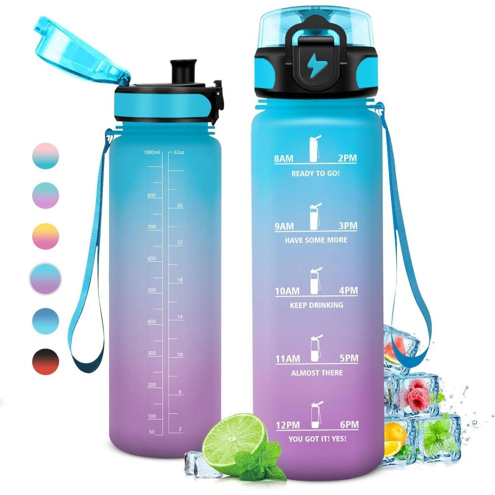 image:imageGourde 1L Gourde Sport tanche et Rutilisable Bouteille deau 1 Litre avec Marqueur de Temps et Filtre Bouteille pour Adulte lcole Cyclisme Voyage Camping Fitness Yoga Bureau Gym32oz1000ml  Bleu  Lilas